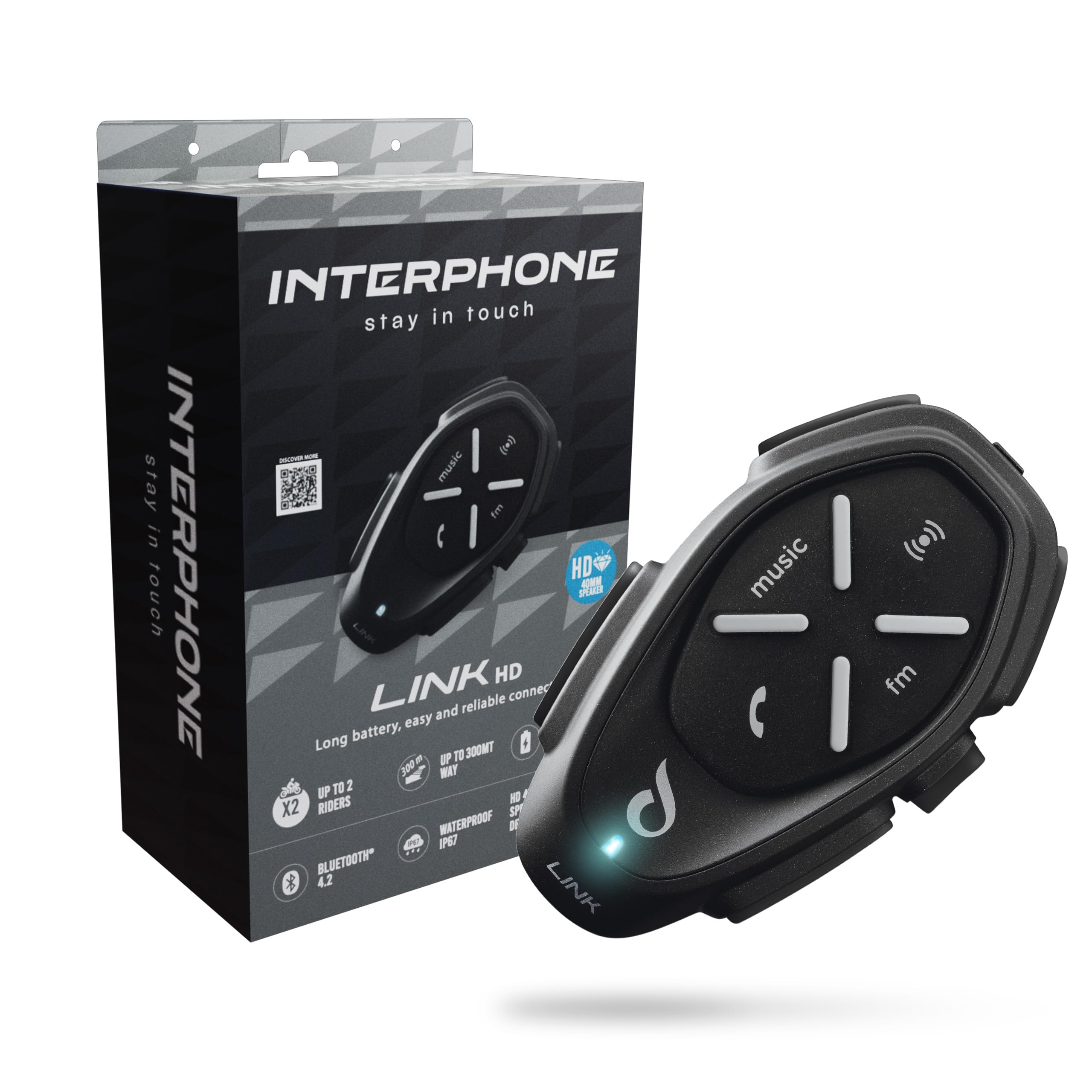 INTERPHONE LINK HD Intercomunicador casco moto individual para comunicarse entre pilotos, motos y con el pasajero hasta 300 m, intercomunicador con Bluetooth, accesorios moto, 20 h de autonomía e IP67