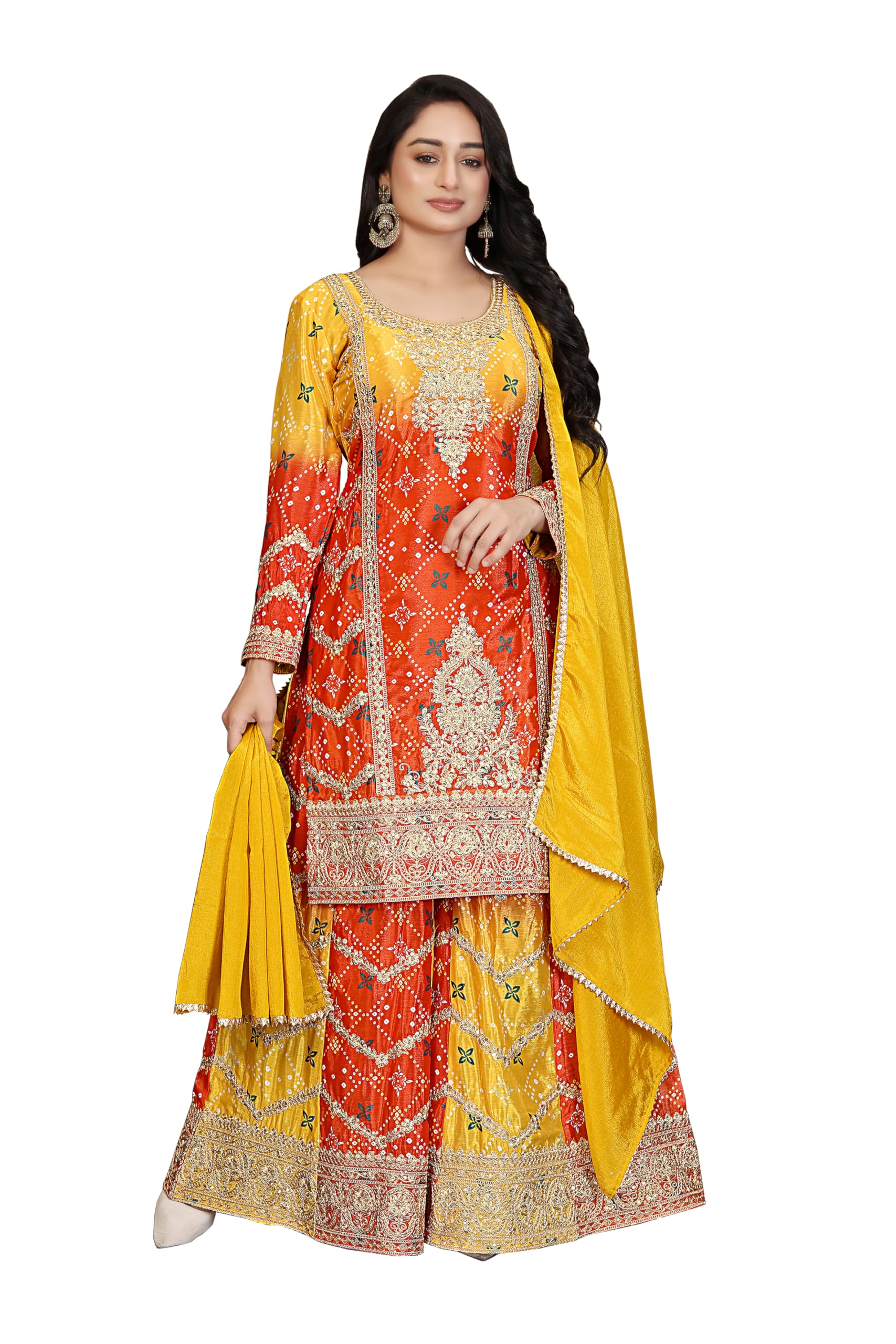 miss ethnik Women's Yellow Chinon Stitched Top with Bottom and Dupatta 3/4 Sleeve Embroidered Kurta Palazzo Set (ME-1255)-picture-42