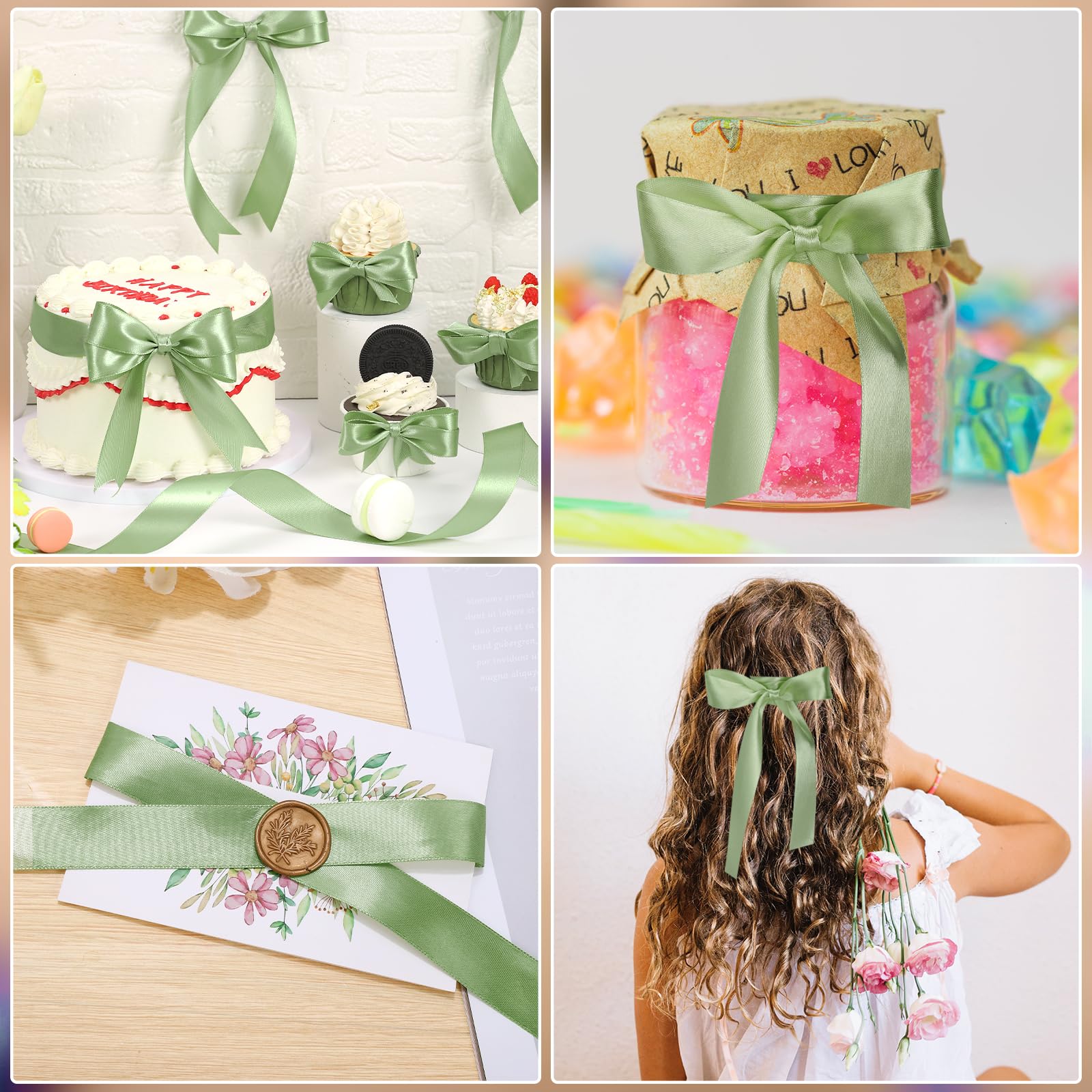 woric 45 m Schleifenband Grün, 25 mm Geschenkband Grün Satinband Band Salbeigrün für Tischdeko Geburtstag Hochzeit Deko Geschenkband Breit