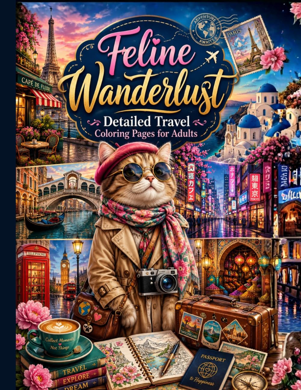 Feline Wanderlust: Detailed Travel Coloring Pages for Adults