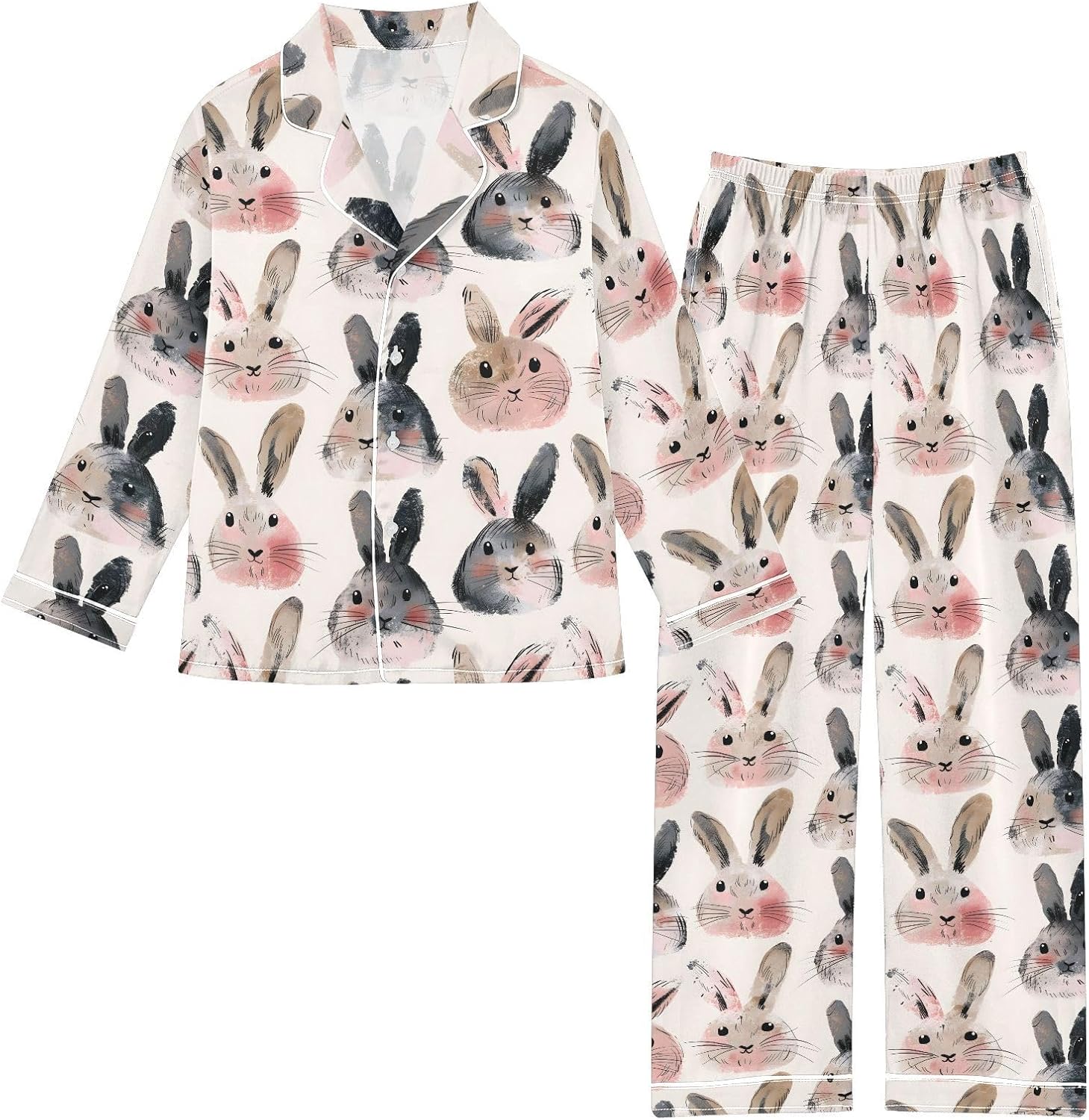 Cute Bunnies Faces 1 Satin Pajama Sets Long Sleeves Nightwear Button Down Sleepwear