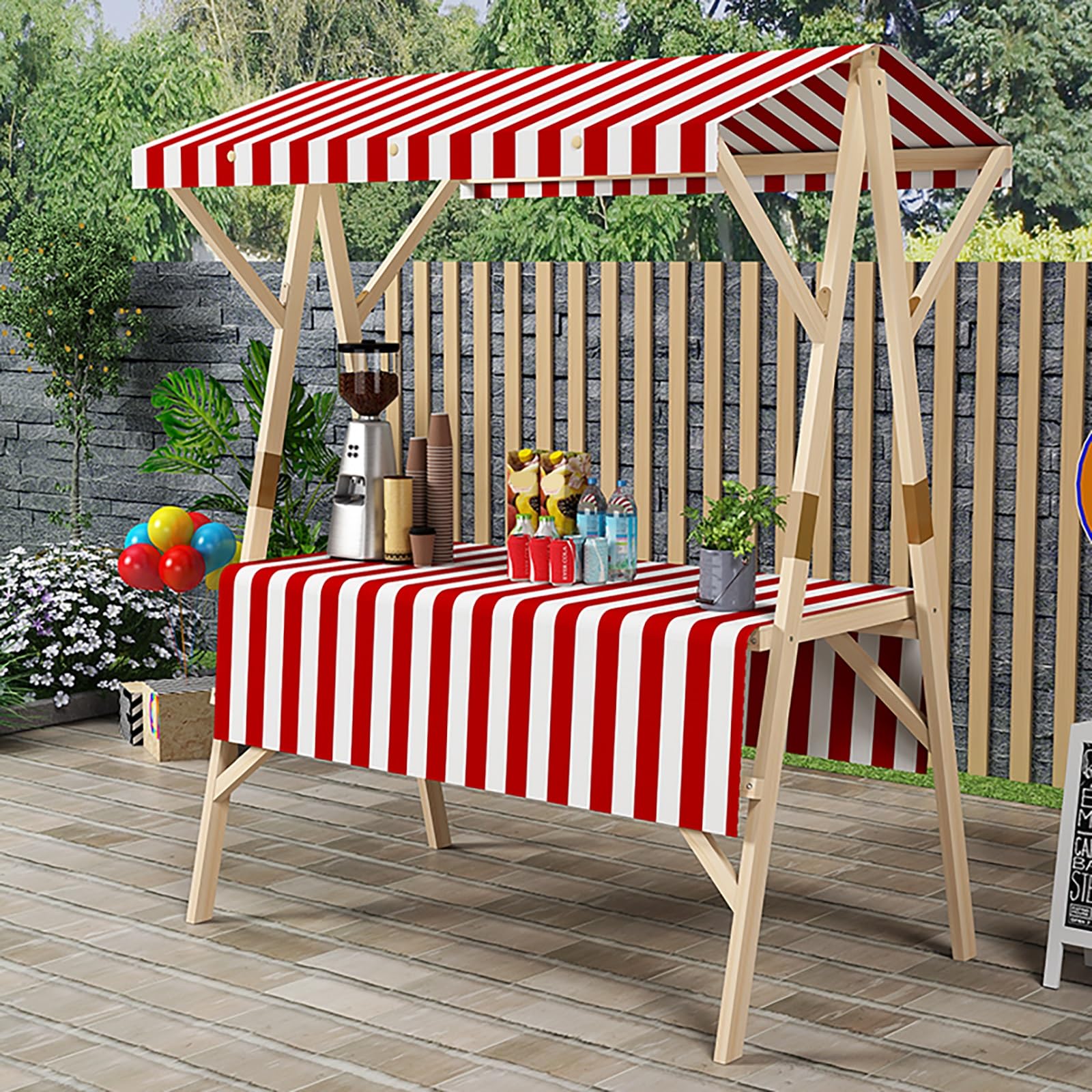 Espositore for Bancarelle del Mercato con Tende da Sole, Carrello Pieghevole per Cibo da Strada in Legno, Espositore per Negozi per Attività Commerciali/Feste(Red,150cm/59in)
