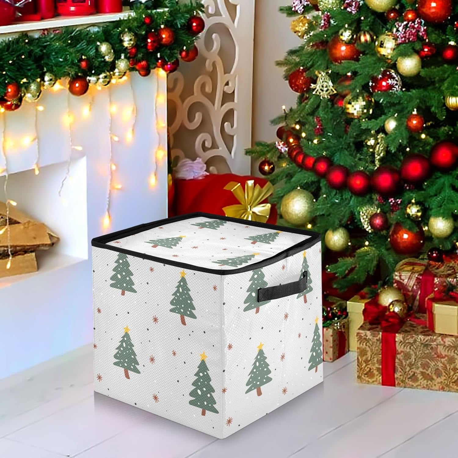 High Capacity Christmas Ornament Storage Box Holds Up to 64, Adjustable Dividers telescoping Holiday Storage Case with Lid,Christmas Green Trees