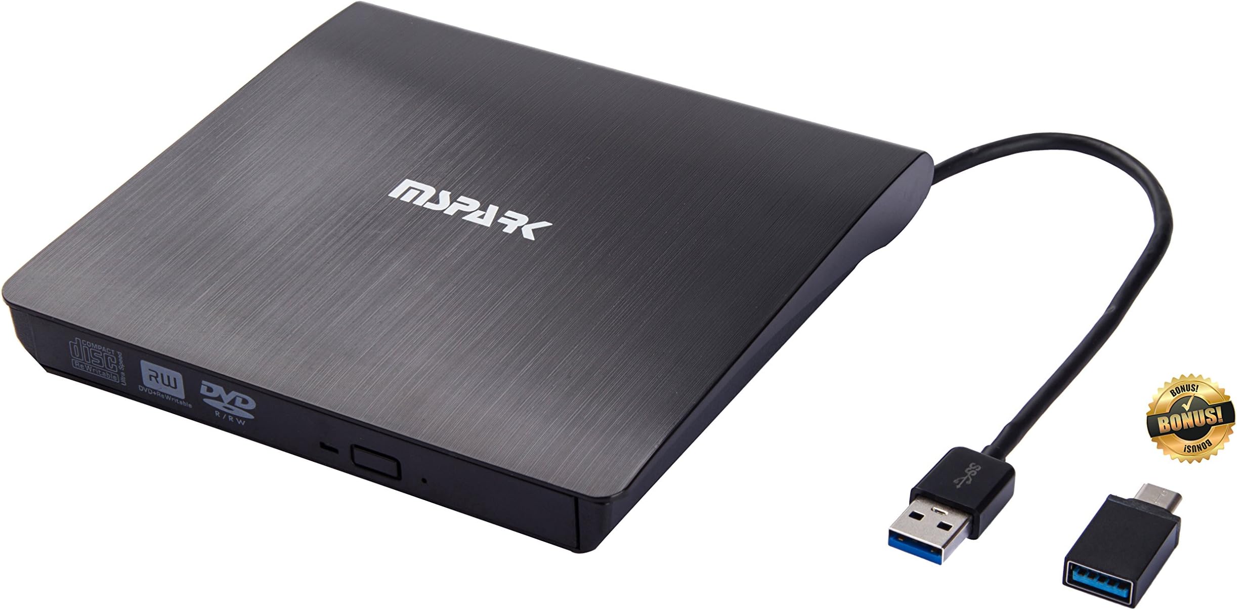 MSPARK External USB 3.0 DVD CD-RW Drive Writer Burner DVD Player for MAC MacBook Air Pro Windows Linux Laptop PC Black with Type-C Adapter