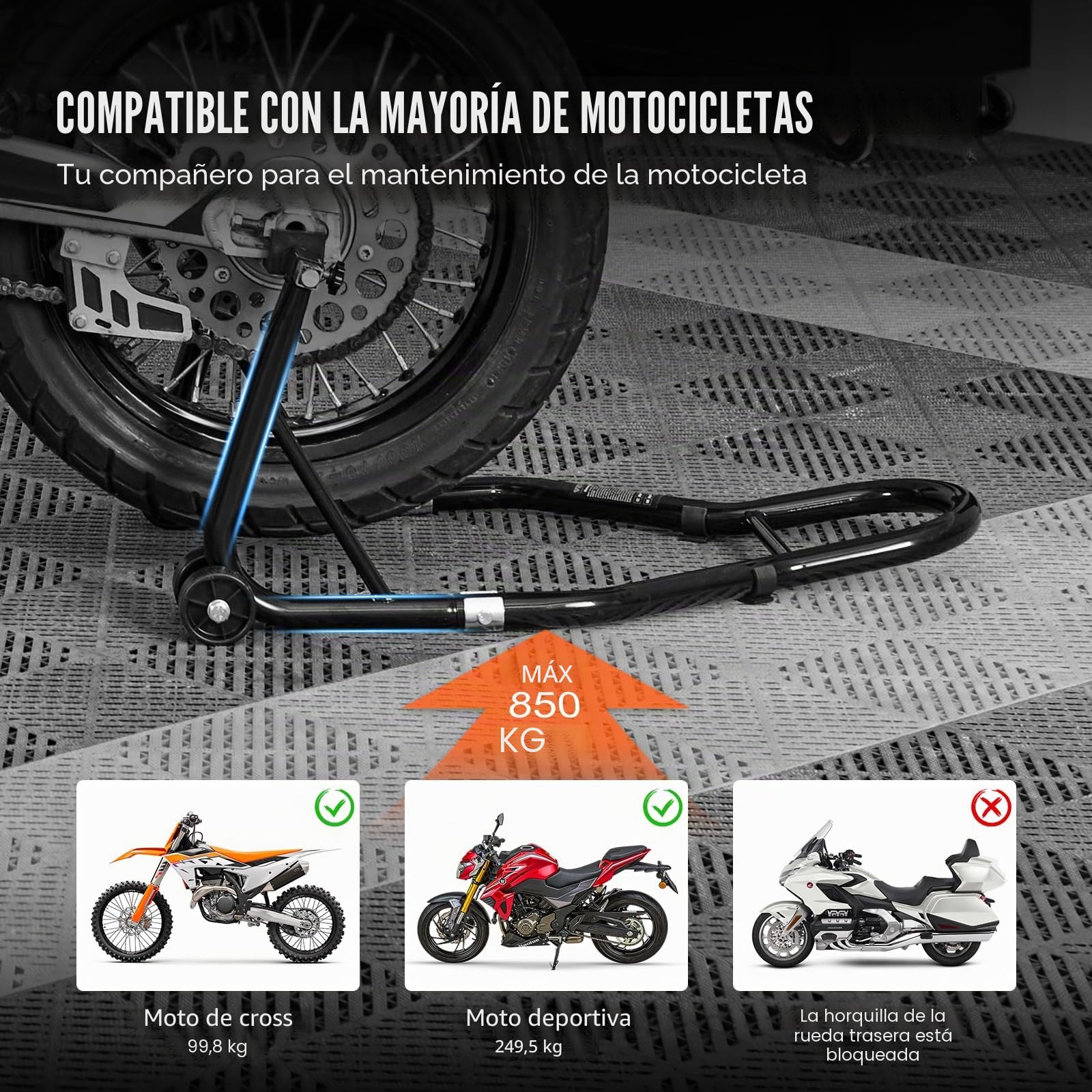 VEVOR Soporte de Moto para Carga de Rueda Trasera 0,39T Soporte de Taller con Brazo Ajustable Soporte de Rueda de Acero Elevador de Moto Compatible con Diámetro de Rueda 350mm Reparación Mantenimiento