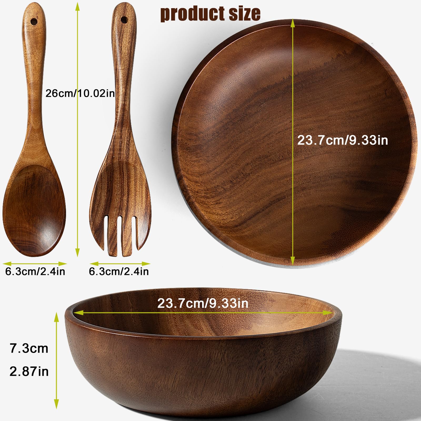 Cuenco Redondo de Madera de Acacia, Ideal como Ensaladera | Cuenco para Mezclar,Frutero o Cuenco para Pan,Diámetro de 23,7cm,Utensilios de Cocina, Perfecto para Cocina, Picnic y Fiesta