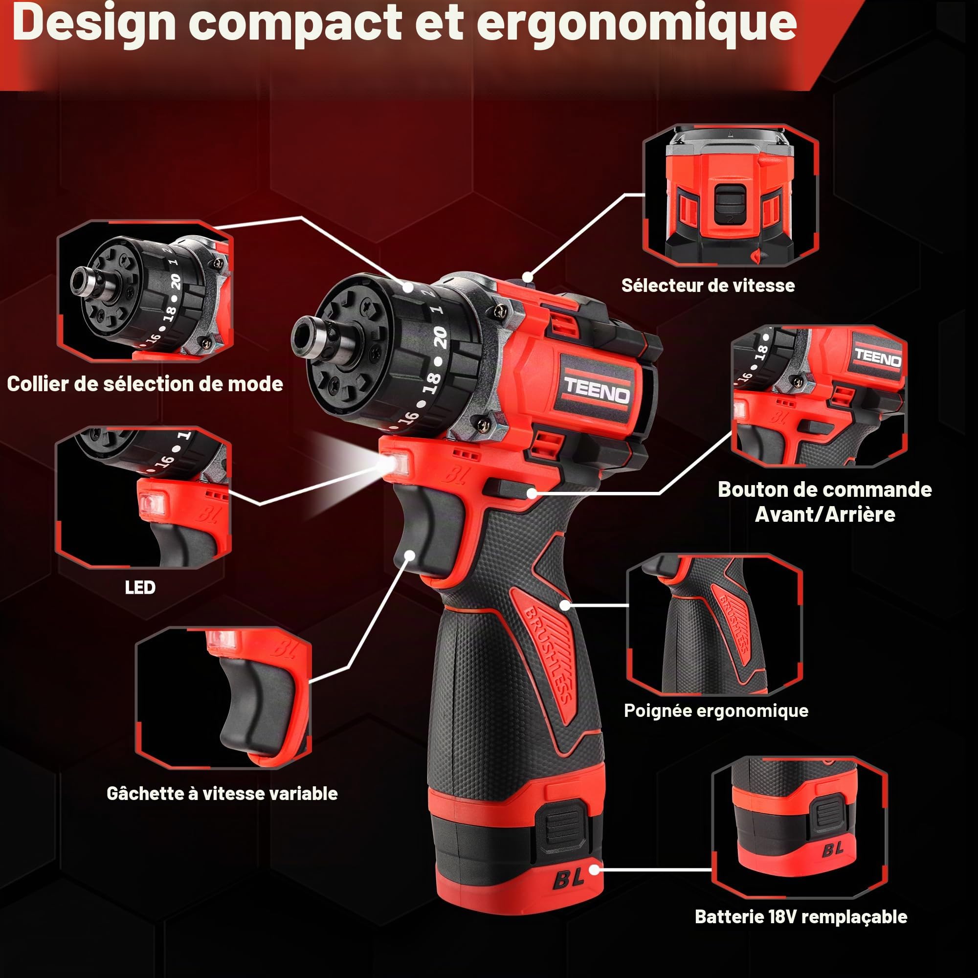 TEENO 18V Kit Perceuse-Visseuse sans Fil Brushless Multifonctionnel | Système Multi-Têtes, 20+3 Couple, 45 Nm, 2 Vitesses, Adaptateur Offset, Mandrin Rapide, Adaptateur d'angle Droit, LED, DIY