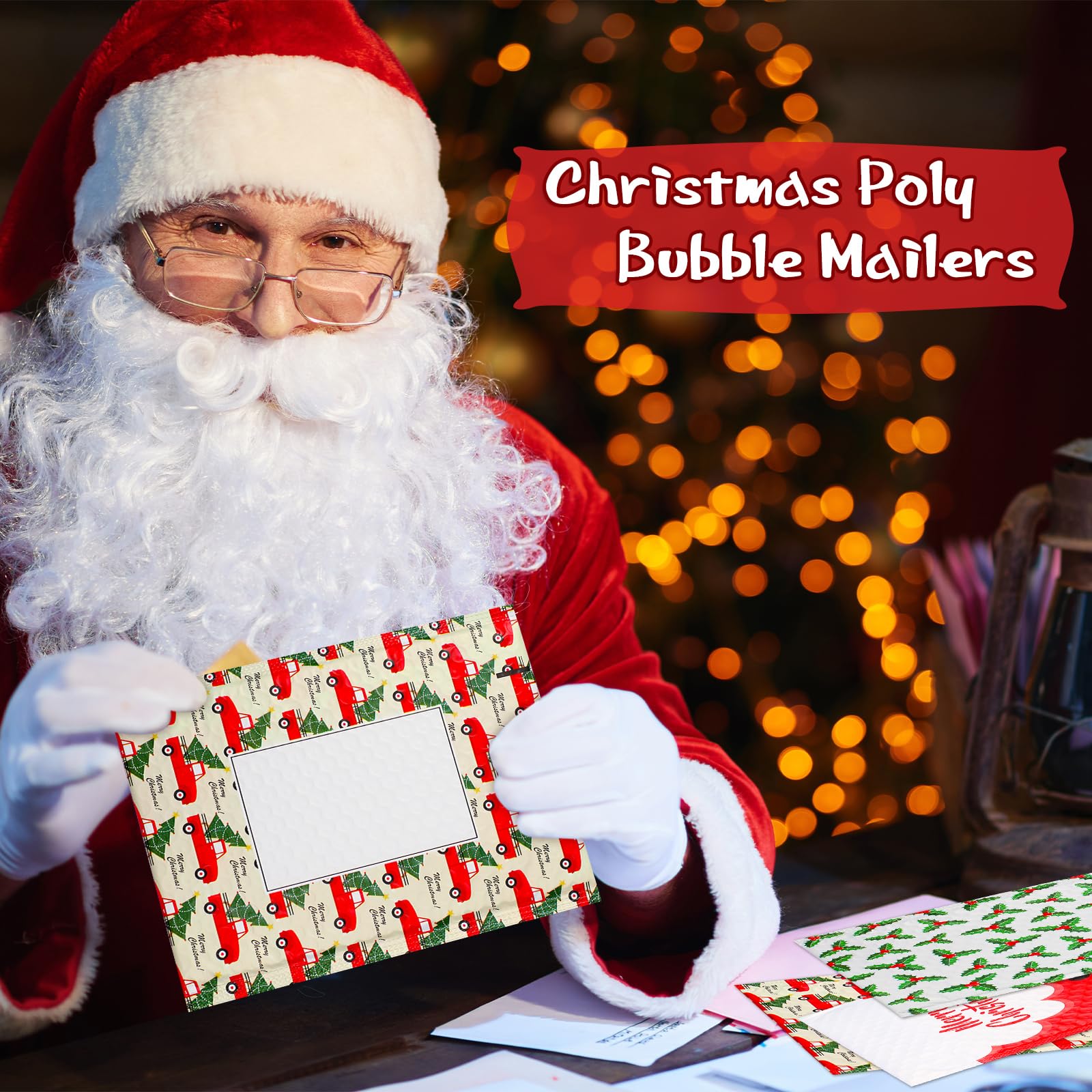 Cholemy 60 sobres de burbujas de Navidad de 7 x 9 pulgadas, sobres acolchados con área de escritura, sobres acolchados de burbujas de Papá Noel, bolsas de envío navideñas con tira autosellante