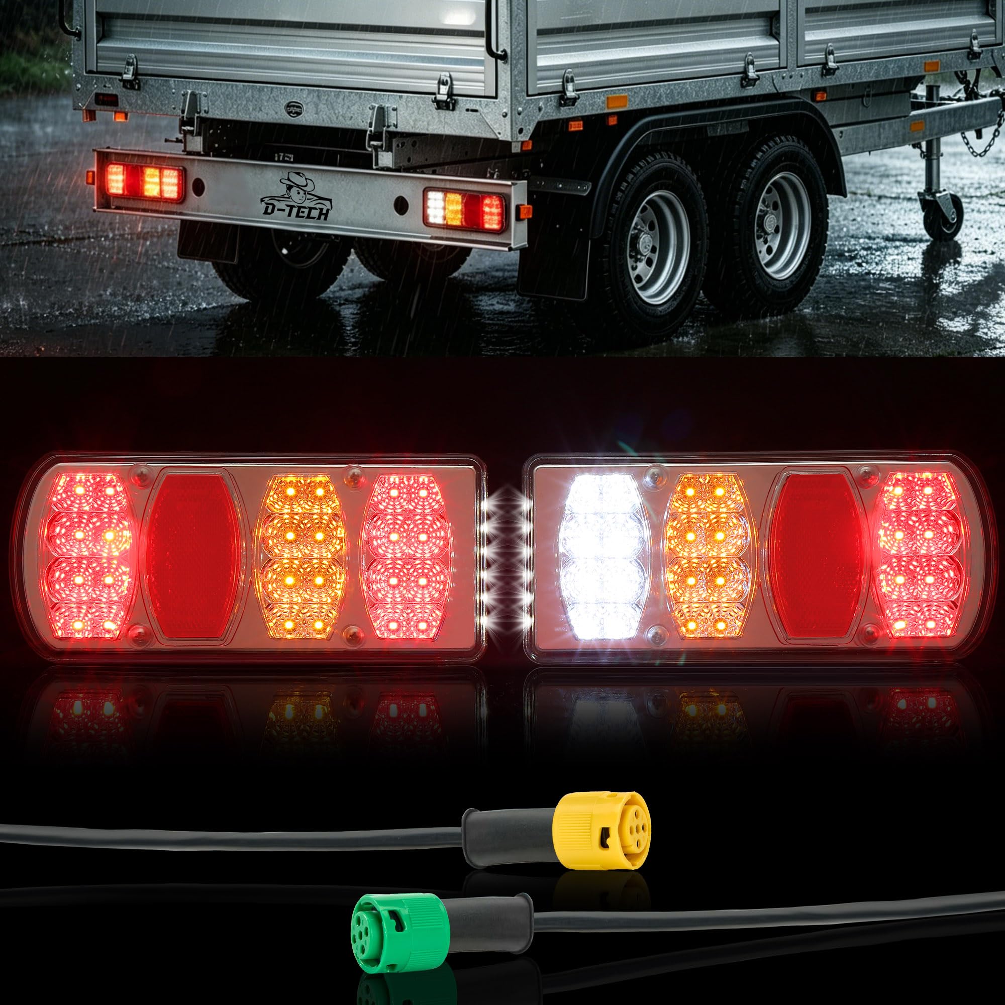 D-TECH Fanali Posteriori Rimorchio Omologati ECE 12V/24V 7 Funzioni Luci Posteriori LED Rimorchio Agricolo Fari Posteriori Furgokit per Roulotte Camion Trattore con Baionetta 5 Poli Cavo 30 cm
