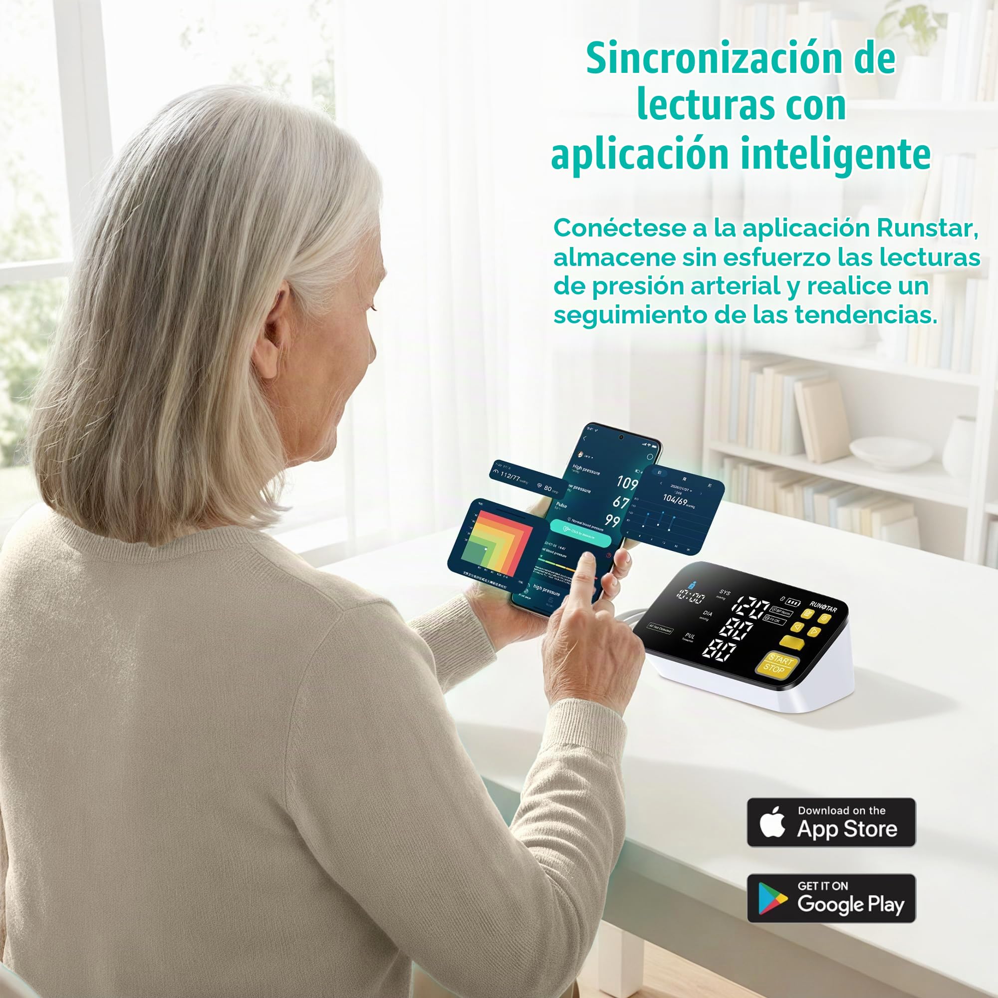 RunStar Tensiómetro inteligente para uso doméstico, con manguito ancho para el brazo, compatible con FSA y HSA, pantalla LED nítida de 6,5", detección de fibrilación auricular, conectividad con app