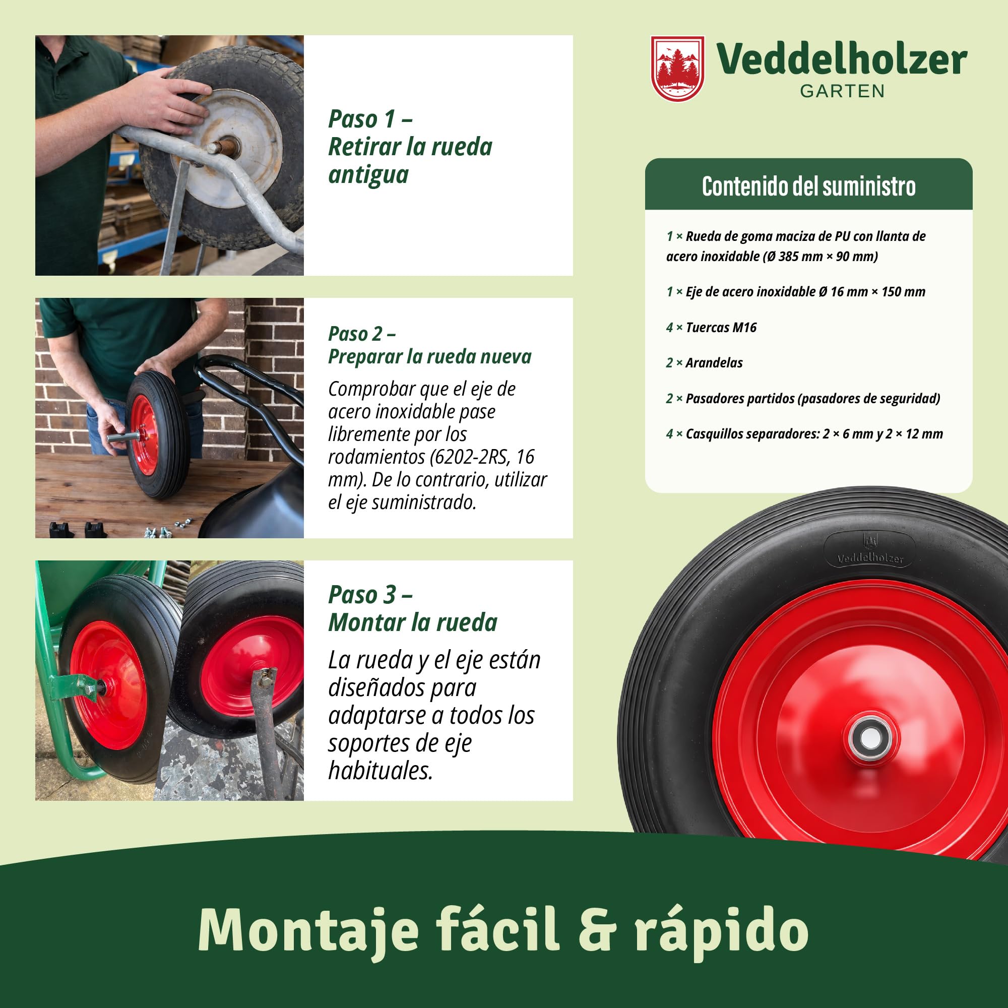 Veddelholzer Rueda de carretilla de goma maciza de poliuretano, 4.80/4.00-8, con llanta de acero de 385 mm de diámetro, incluye eje y montaje, capacidad de carga de 200 kg, poliuretano resistente a