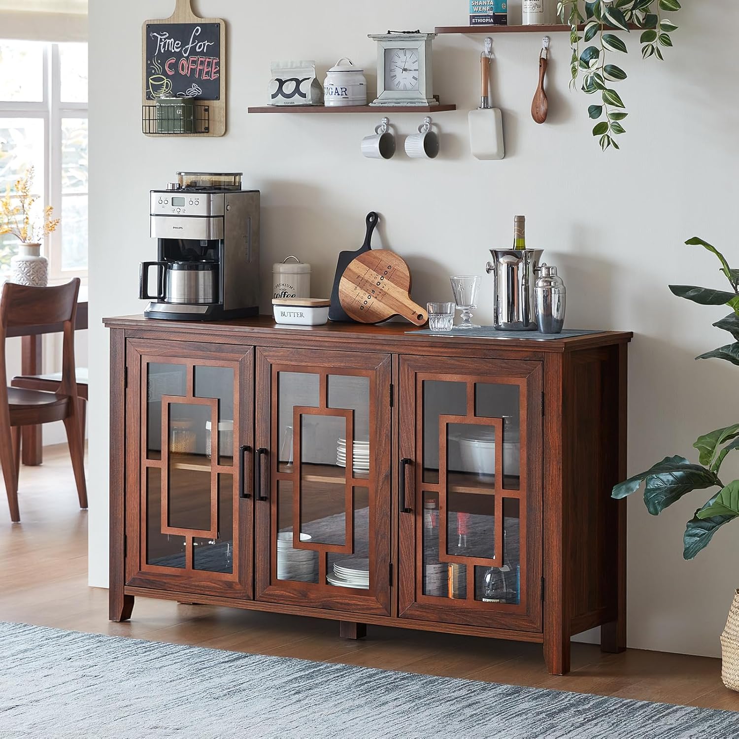 Large Sideboard Buffet Cabinet with Storage, 55" Farmhouse Kitchen Coffee Wine Bar Cabinet with 3 Glass Doors, Wood Mid Century Modern Side Board Table for Dining Room, Living Room,Brown