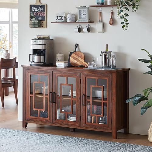 Joaxswe Large Sideboard Buffet Cabinet with Storage, 55" Farmhouse Kitchen Coffee Wine Bar Cabinet with 3 Glass Doors, Wood Mid Century Modern Side Board Table for Dining Room, Living Room,Brown