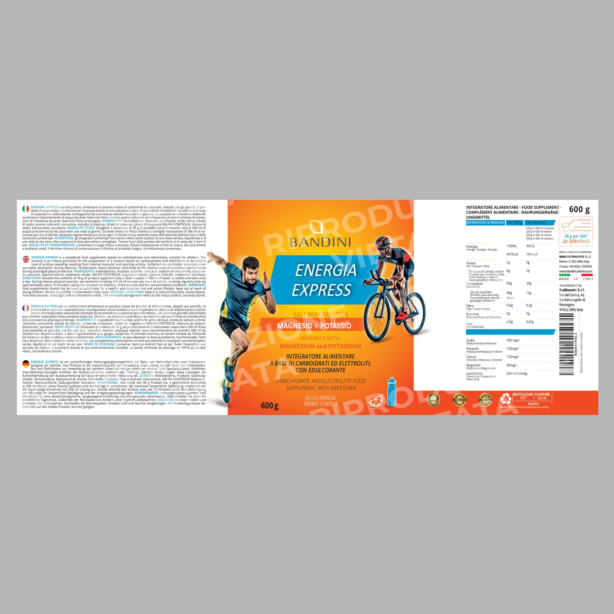 Bandini® Energia Express (MAGNESIO E POTASSIO) 600g Polvere, Sostiene l'organismo con i Sali Minerali, Integratore Alimentare a base di Carboidrati ed Elettroliti con Zuccheri, Palestra ed Allenamento
