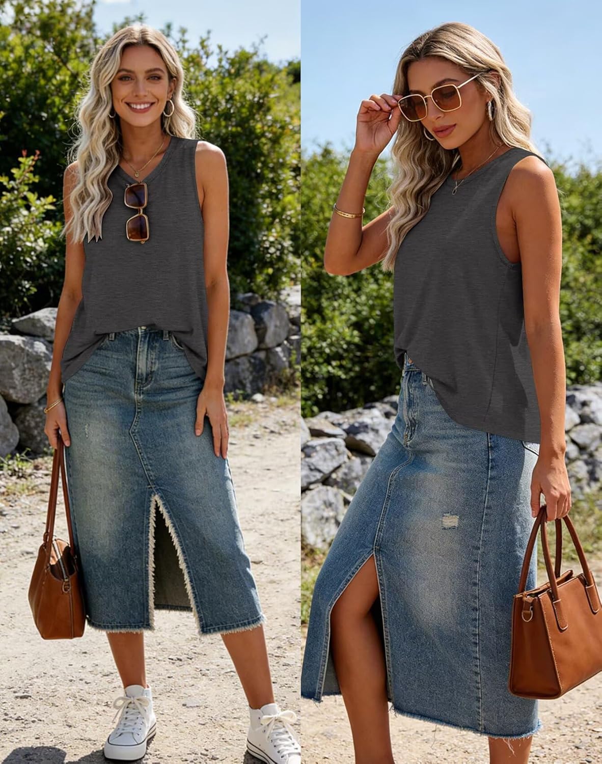 Bliwov Womens Summer Tank Tops Beach Vacation Casual Sleeveless Shirts Spring Fashion Outfits Workout Loose Fit Tees Blouses Black Gray - Image 2