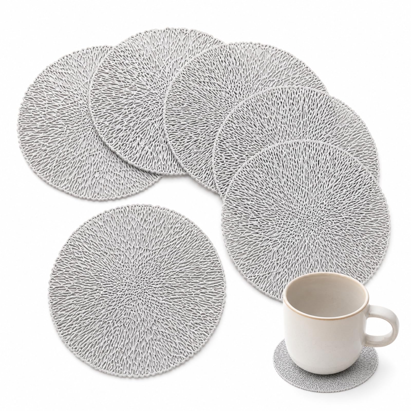 Hollowed-Out Round Coasters Set of 6, Metallic PVC Cup Coasters with Non-Slip Design, Heat Resistant Drinks Mats for Table Protection, Decorative Silver Coasters for Home Kitchen Bar