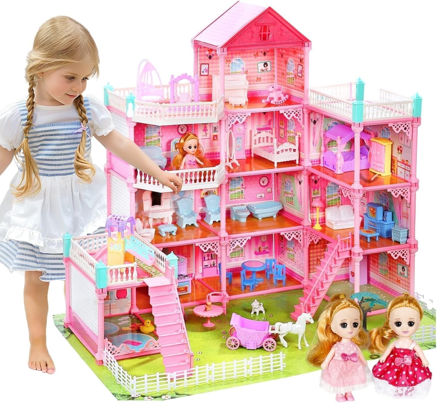 4-Storey Princess Dollhouse Mansion,11 Rooms Playhouse with 2 Dolls Toy Figures with Light, Accessories, Furniture Pretend Play Toys for 3 4 5 6 7 Year Old Girls, Multicolor