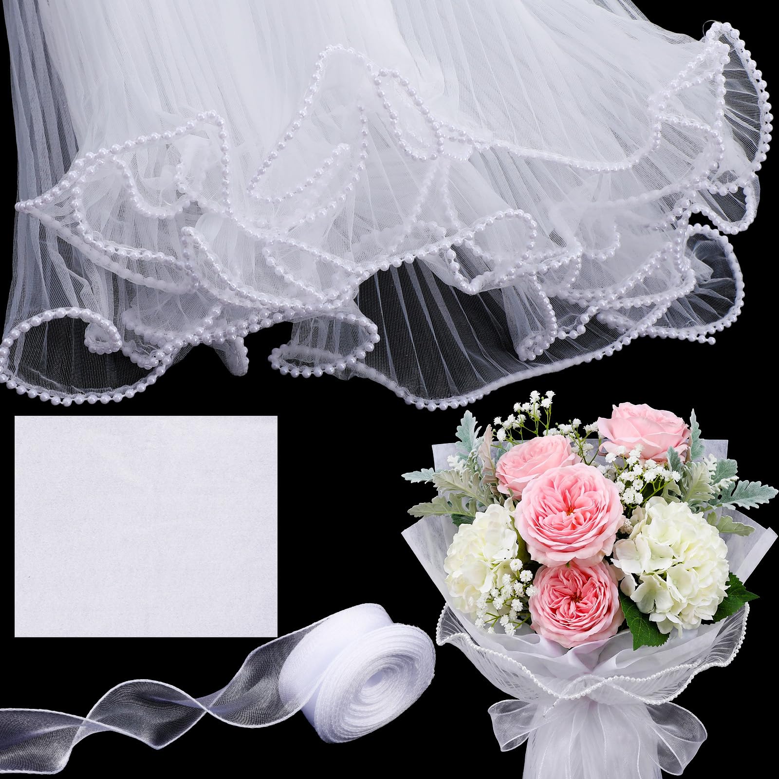 4 Yards Flower Bouquet Wrapping Paper with 10 Yards White Ribbon 38 pcs White Tissue Paper Pearl Edge Floral Wrapping Papers Mesh Papers for Valentine's Day Party Favor Decor Wedding Gift Packaging-image-29