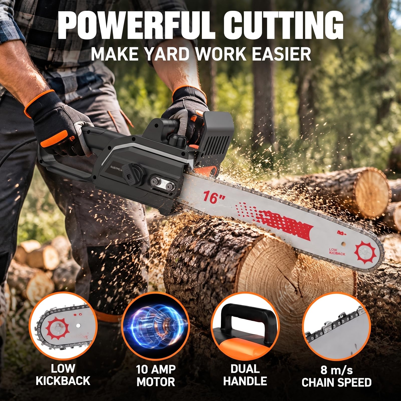 16 Pulgadas Motosierra Eléctrica con Cable 1600W, Velocidad de Corte 8m/s