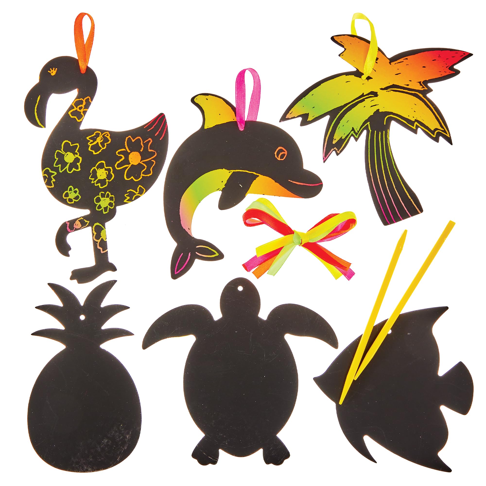 Baker Ross FN173 Tropical Scratch Art Decoration Kits - Pack of 15, Scratch Art Decoration Craft Kits for Kids