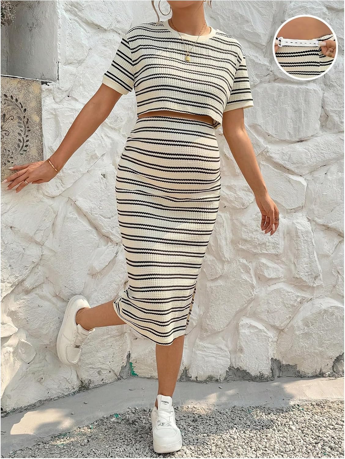 MakeMeChic Women's Maternity Striped Crop Tops Midi Skirt 2 Piece Outfits
