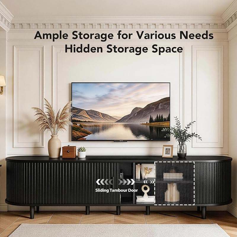 MXV 80" TV Stand with Sliding Doors for Living Room, Mid Century Modern Entertainment Center, TV Console with Fluted Door Cabinets and Power Outlet, Black image 5