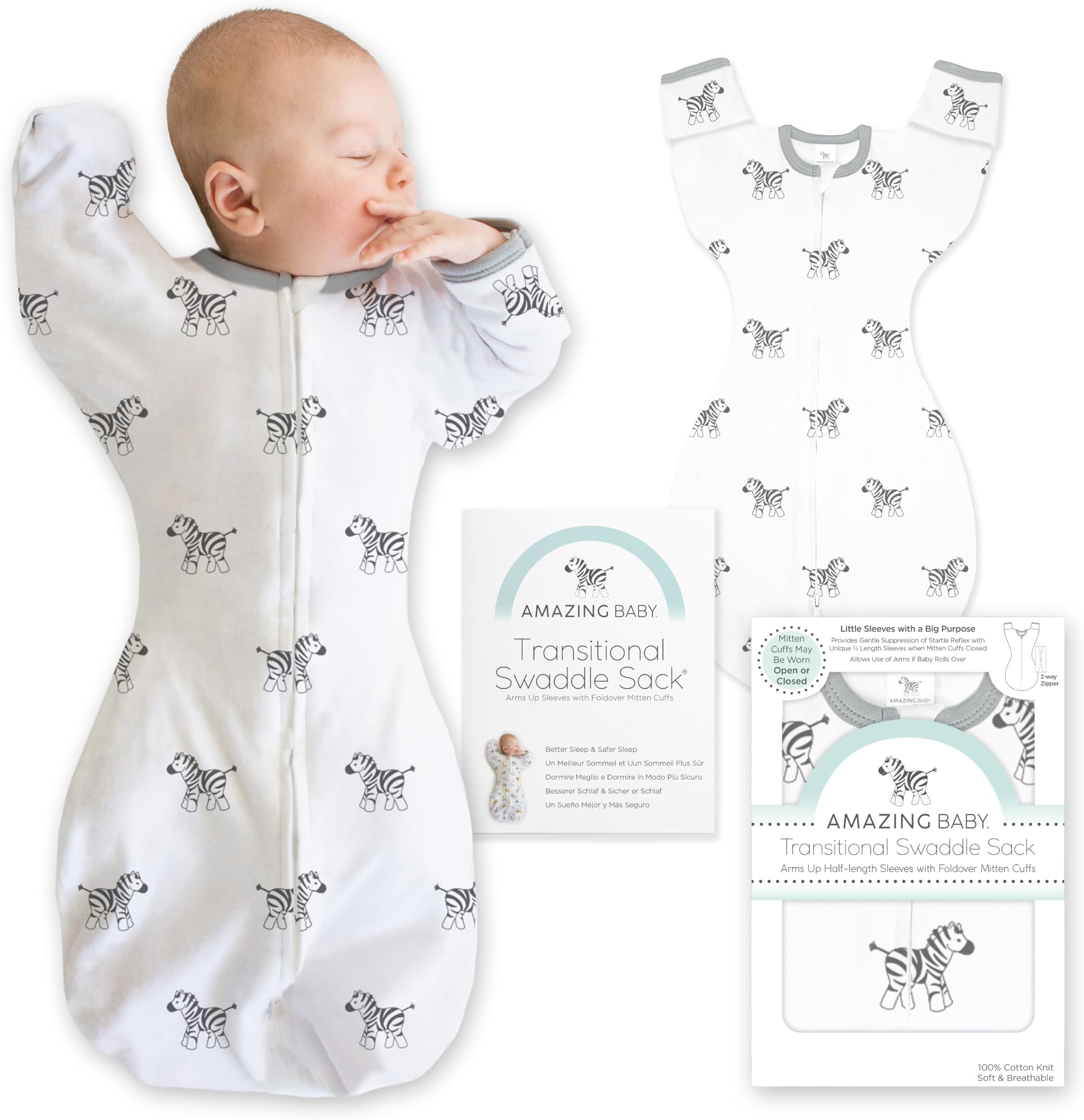 Amazing Baby Transitional Swaddle Sack, Cotton, Little Zebra, 3-6mo