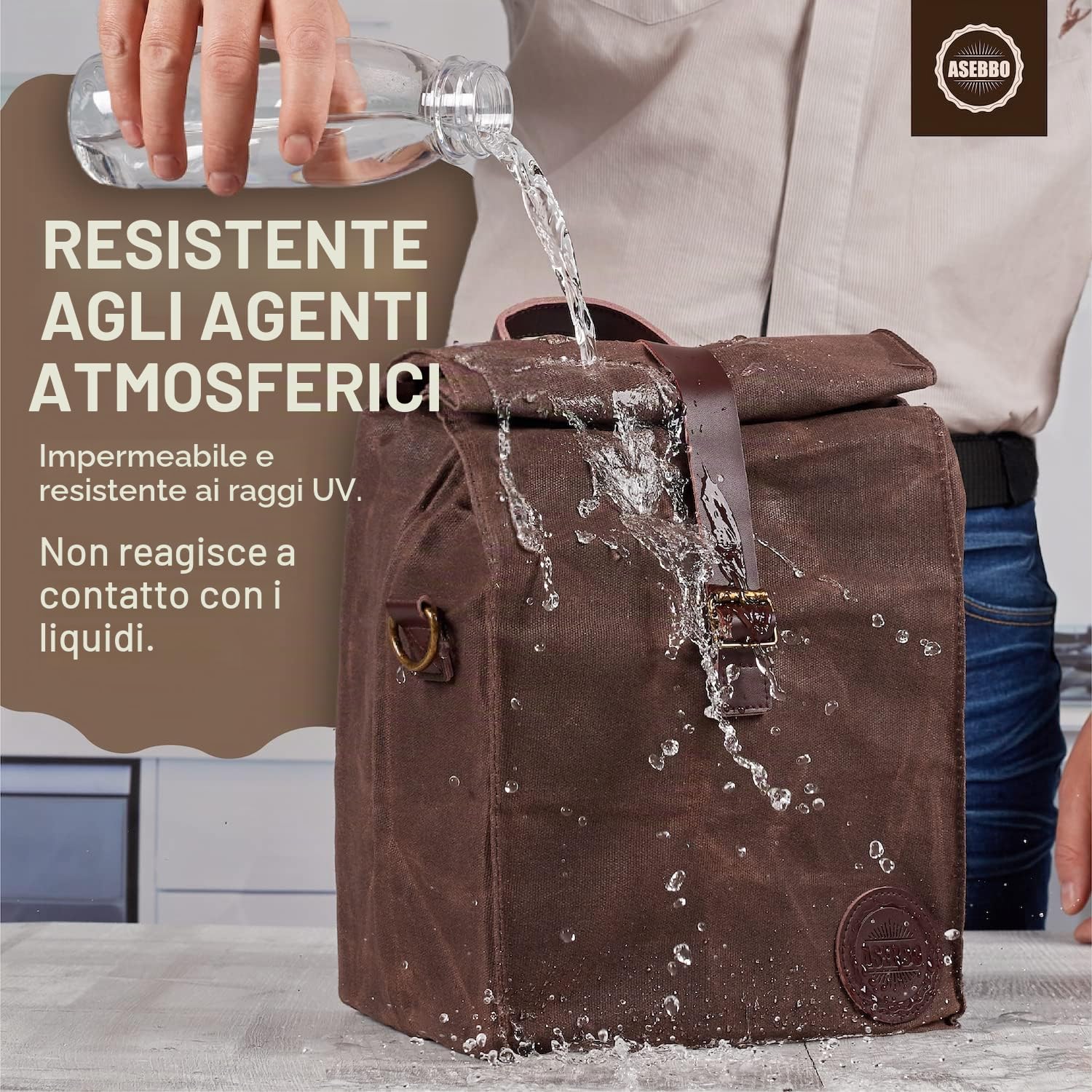 ASEBBO Borsa Termica in Tela, 10 L con Tracolla per Adulti | Tela cerata, Tracolla regolabile 150 cm, Doppi manici in pelle, Antiperdita, Isolamento oltre 4 ore, Marrone