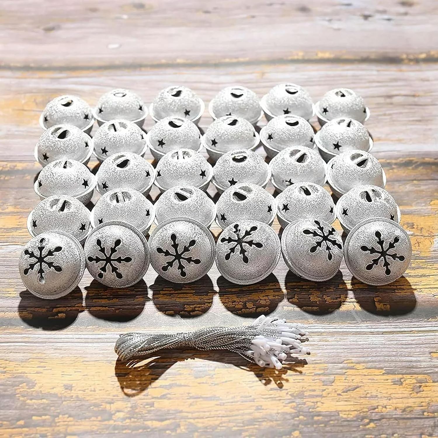 30 Snowflake Jingle Bells Jewelry Crafts Christmas Pendants Silver with String-Default