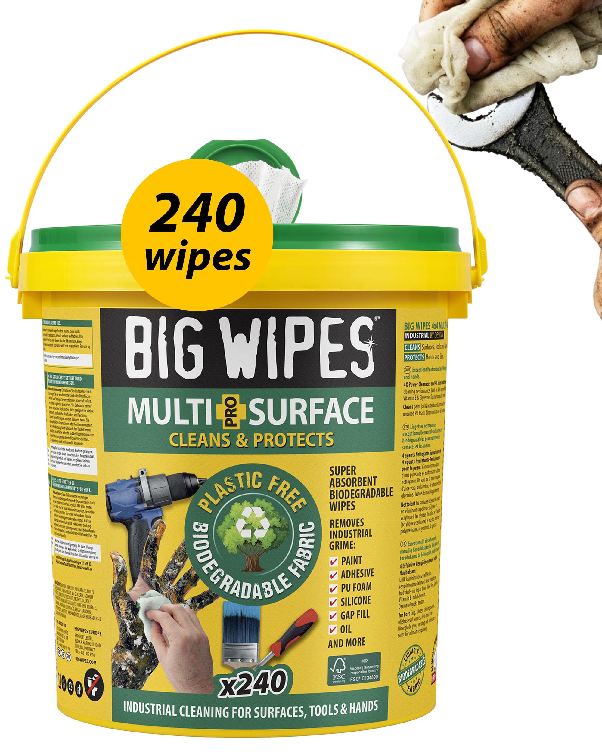 Big Wipes Multi-Surface Plastic-Free Cleaning Wipes - Dispenser Bucket x240 | Absorbent Surface & Hand Wipes, 4 Power Solvents & 4 Skin Conditioners, Industrial Cleaning Products, Heavy Duty Hand Cleaner