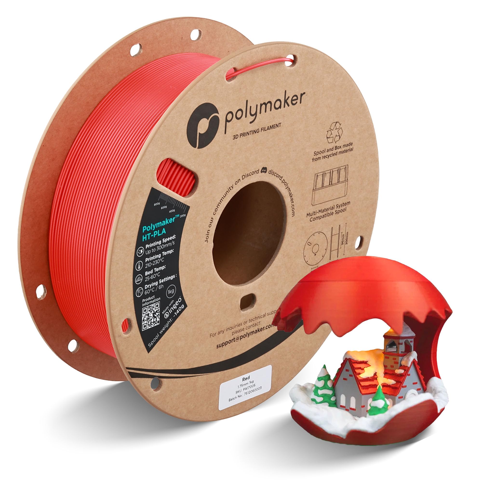 Polymaker HT-PLA Filament 1.75mm Red, High Temp PLA for 3D Printing, Heat Stable Up to 130°C, Easy to Print, Works with Most FDM Printers, 1kg Spool