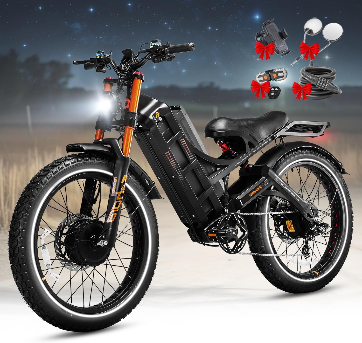 Eahora Romeo Pro Ⅲ/Ⅱ Ebike - Dual Motor 46-50MPH 5600W/4000W 60V 80Ah 200Miles Electric Bike for Adults, Long Range Electric Mountain Bike 26" Fat Tire Air Full Suspension E-Bike