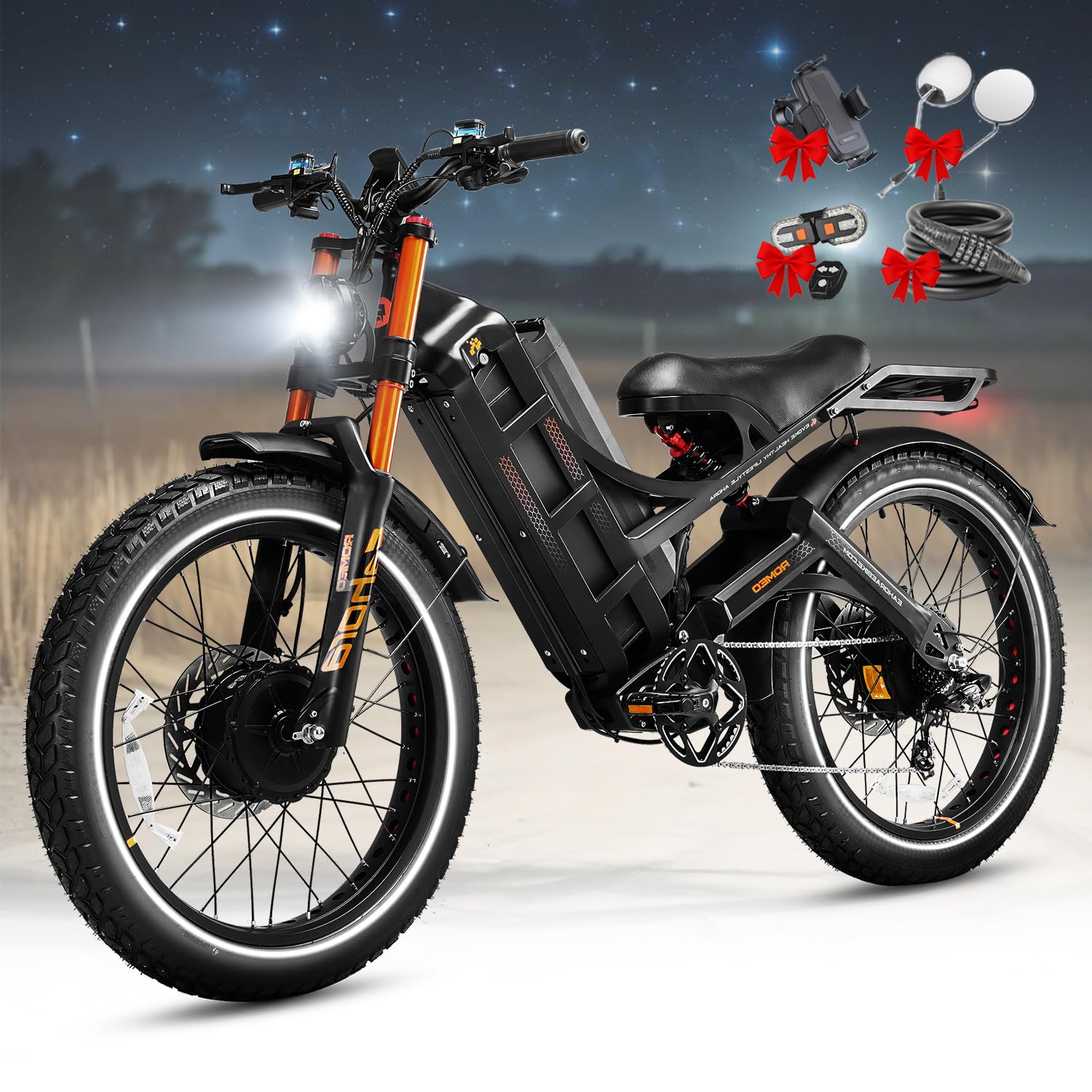 Eahora Romeo Pro Ⅲ/Ⅱ Ebike - Dual Motor 46-50MPH 5600W/4000W 60V 80Ah 200Miles Electric Bike for Adults, Long Range Electric Mountain Bike 26" Fat Tire Air Full Suspension E-Bike
