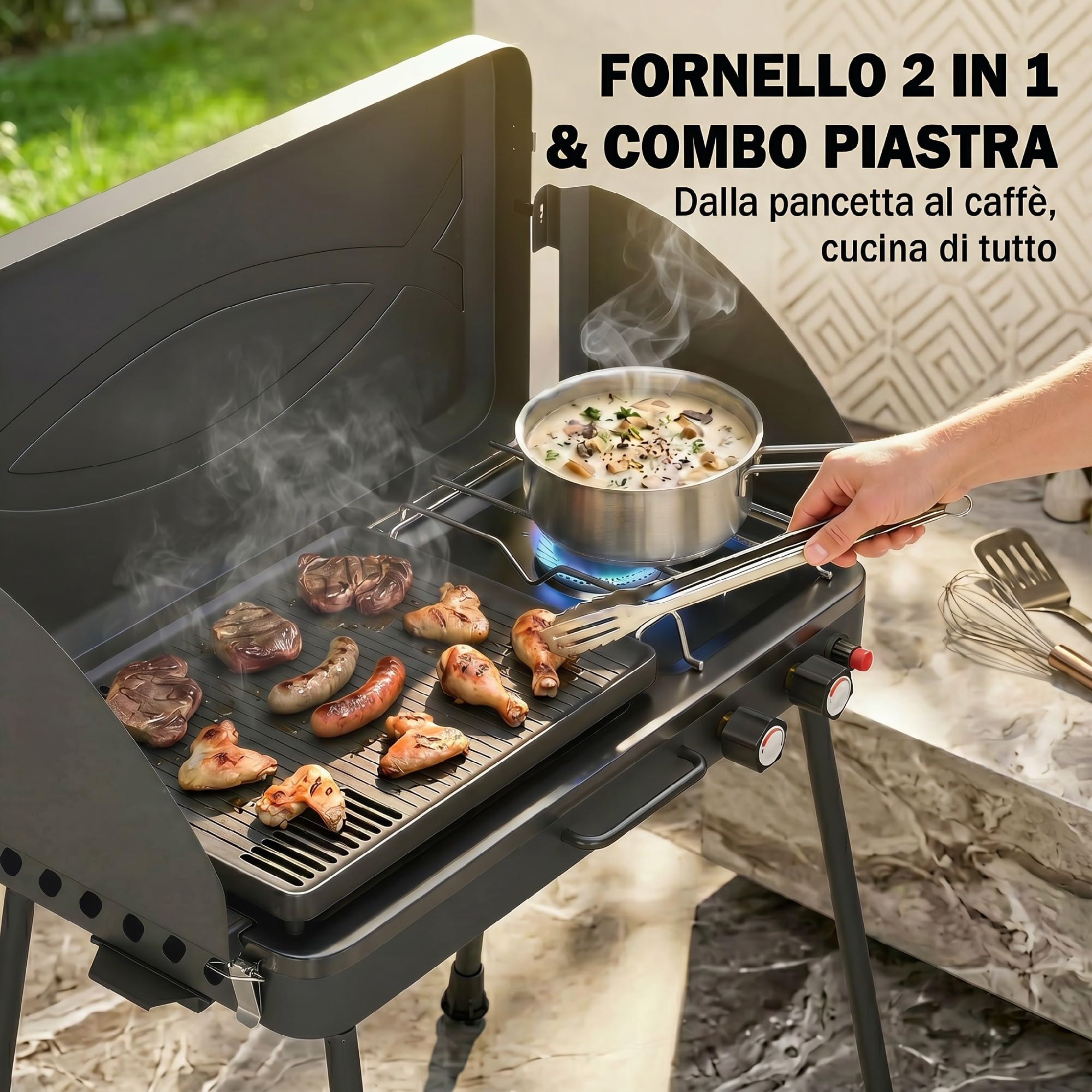 Outsunny Gasgrill Campingkocher 2 in 1 tragbar schwarz | 2 Brenner 7 kW, LPG-Gasgrill mit Platte, abnehmbare Beine, Windschutz, Griff, für BBQ Picknick Garten