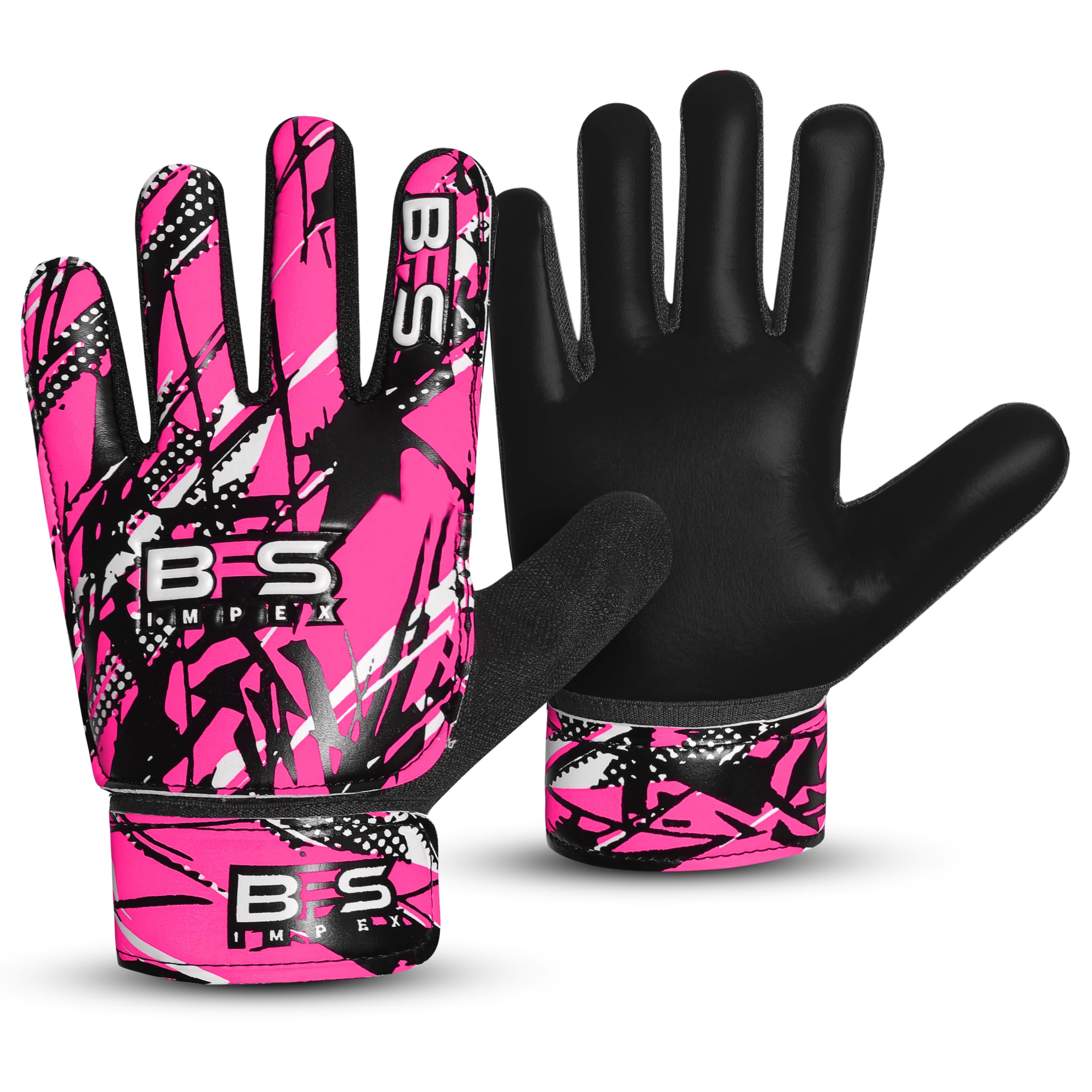 BFS IMPEX Kids Soccer Goalie Gloves – Youth Football Goalkeeper Gloves for Boys, Youth & Children with Strong Anti-Slip 4mm Latex Grip Palm, Double Wrist Support & Durable Football Gloves (Pink, 8)