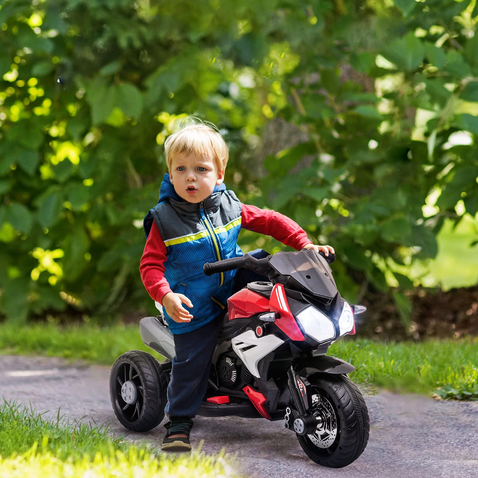 HOMCOM Elektro Kindermotorrad Elektromotorrad mit Musik, Scheinwerfer, Kindermotorrad 3 km/h, für Kinder von 3-5 Jahren, max. 25 kg, Rot+Schwarz