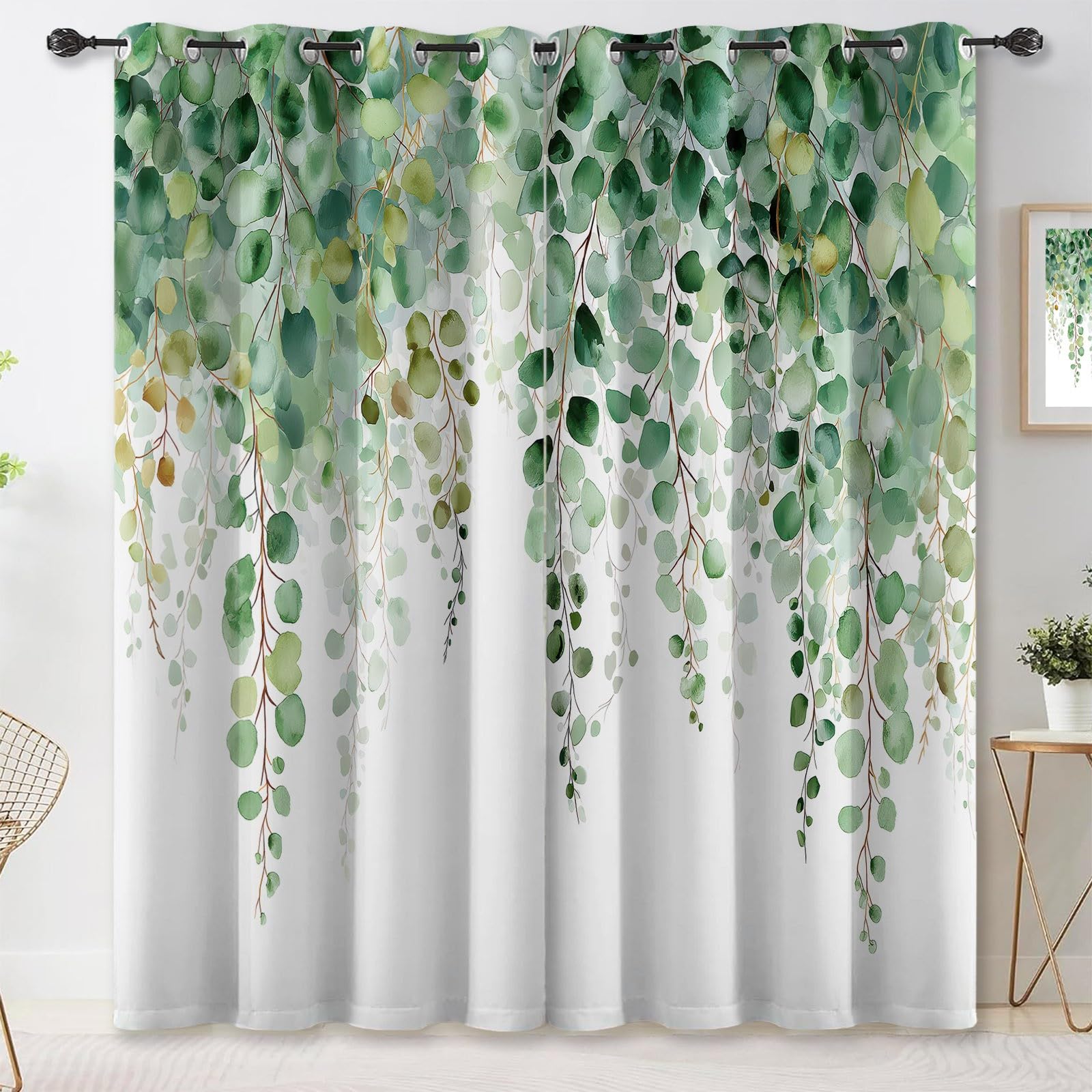 Generisch Vorhänge Aquarell Pflanzen Ranken Motiv, Natur Landhausstil Blickdichte Vorhänge für Wohnzimmer Schlafzimmer Deko, Grün Thermo Verdunklungsvorhänge mit Ösen, 5er Set H245 x B100 cm