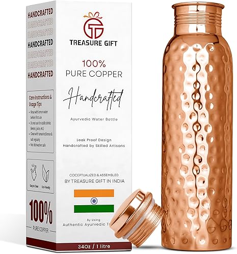 Botella de agua de cobre puro de 34 onzas  Botella de cobre ayurvédica a prueba de fugas para agua potable  Acabado martillado, sin BPA, duradera y