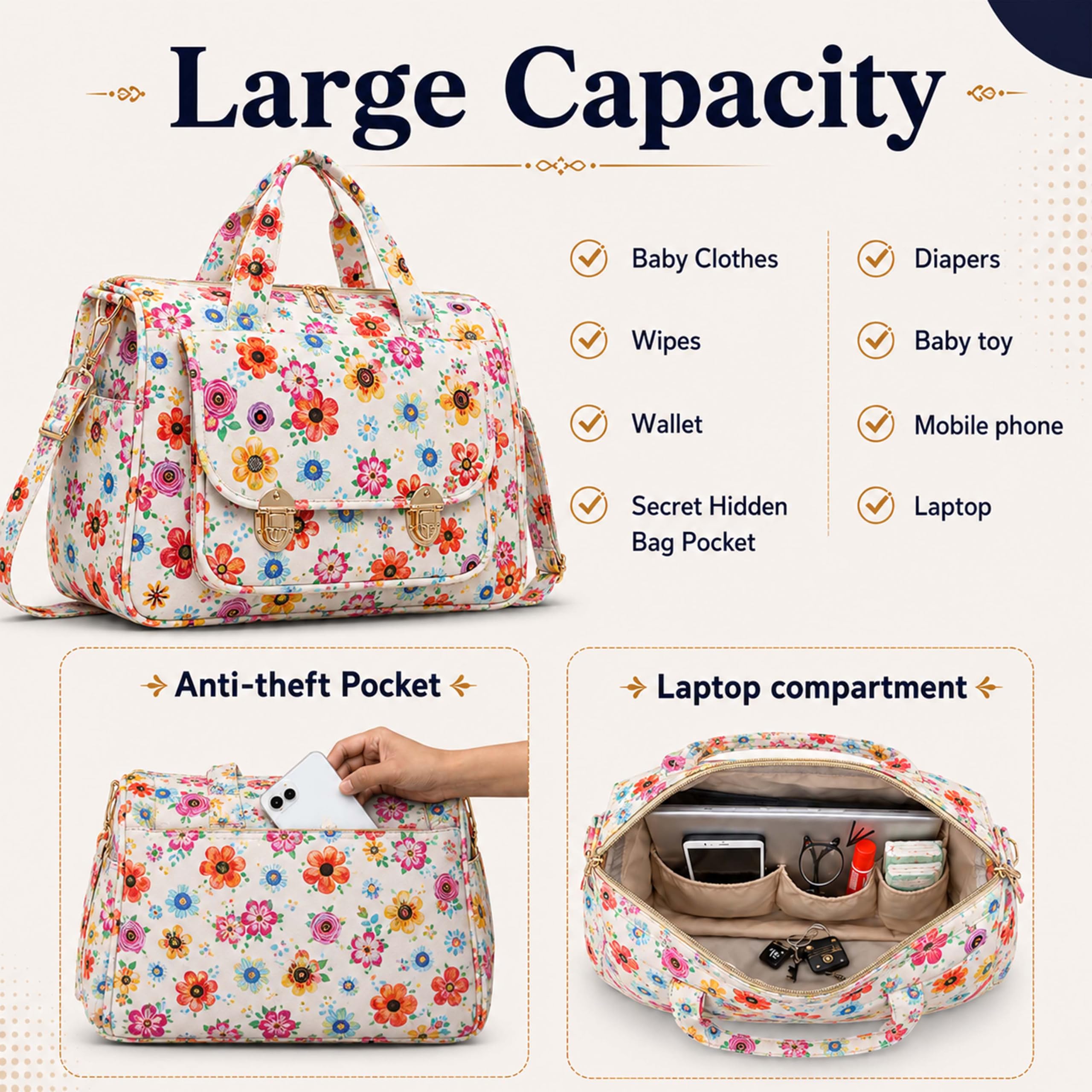 Motherly WOW Tote Diaper Bag for Mothers for Travel, Maternity Bag for Newborn Baby, Multiple Pocket Water Resistant Baby Bag (Garden Glam) 4