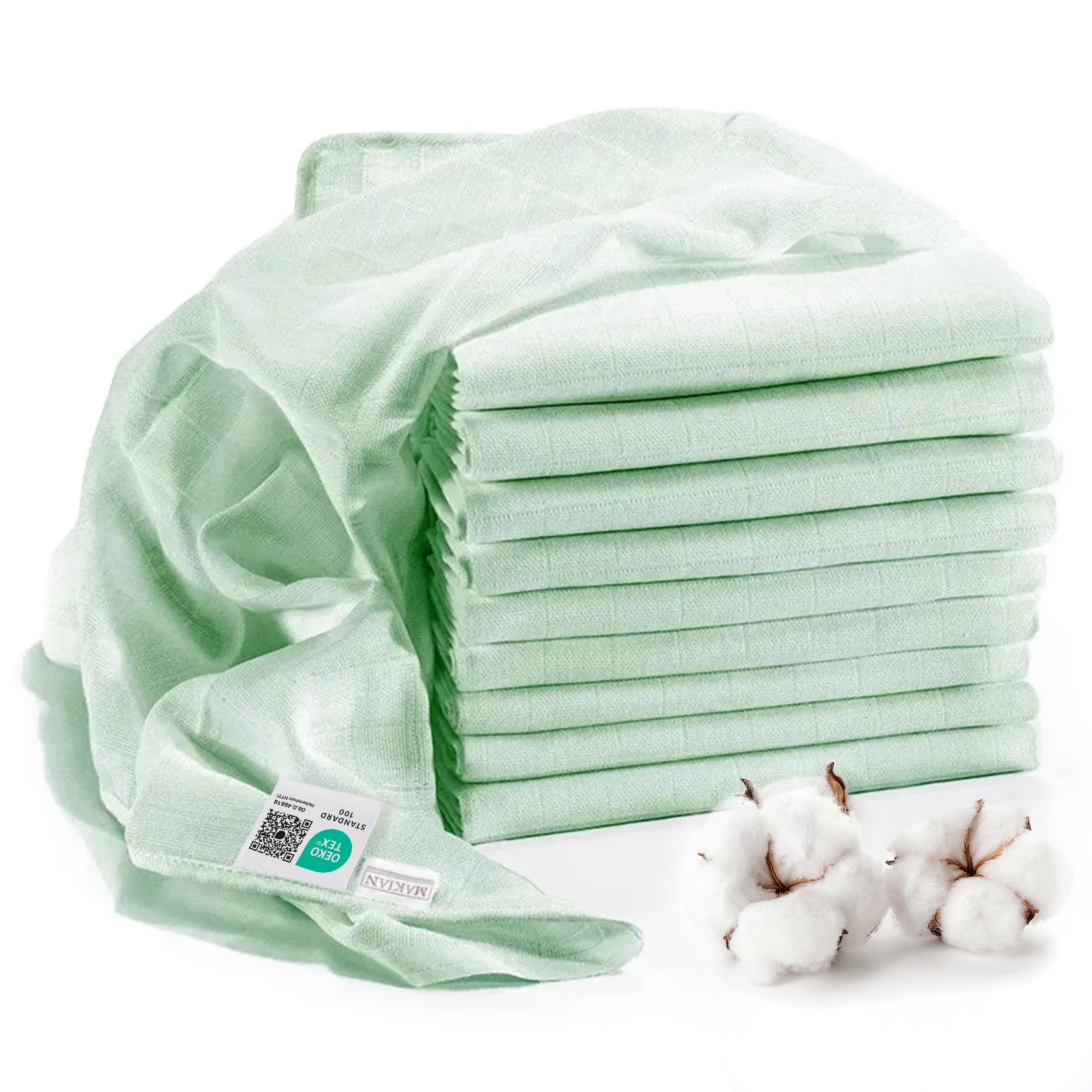 MAKIAN Mullwindeln/Spucktücher - 10er Pack, 80x80 cm, Oeko-TEX® Standard 100 geprüft - doppelt gewebte Stoffwindeln/Mulltücher mit verstärkter Umrandung - Mint Grün