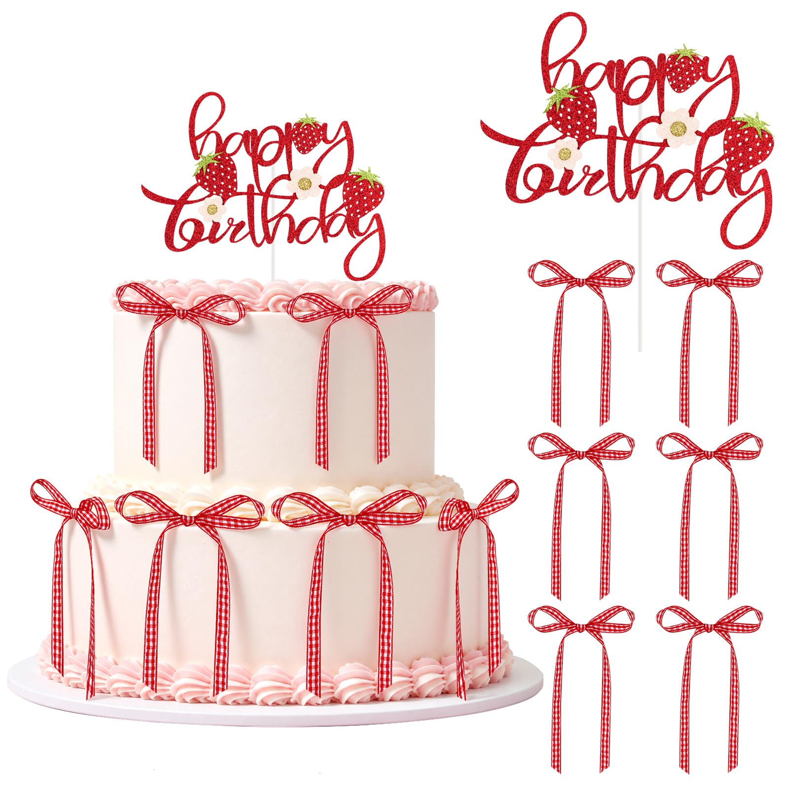 Hooqict 7Pcs Strawberry Cake Decorations Set with Happy Birthday Cake Toppers and Bows for Girls Sweet Strawberry Baby Shower Berry 1st Birthday Party Decorations Supplies
