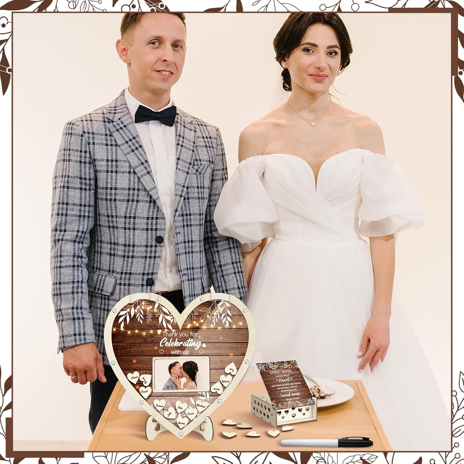 Chunful Wedding Hearts Guest Book Alternative with 100 Wooden Hearts Chips Storage Box and Pen Brown Wooden Theme Heart Picture Frame Rustic Guest Book Reception for Wedding Ceremony(Classic)