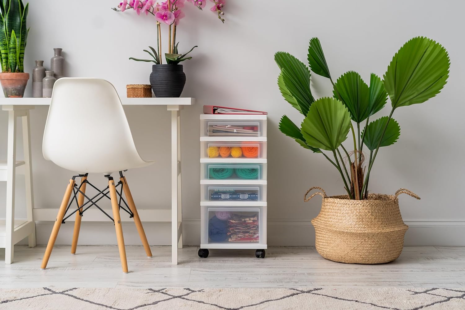 IRIS USA Craft Plastic Organizers and Storage, Rolling Storage Cart for Classroom Supplies, Storage Organizer for Art Supplies, Drawer Top Organizer for Small Parts, 5 Drawers, White/Clear