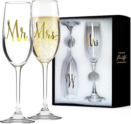 Your Dream Party Shop Copas de champán Mr. and Mrs. de 6 onzas cada una, juego de copas de boda para novia y novio, copas perfectas para brindis de