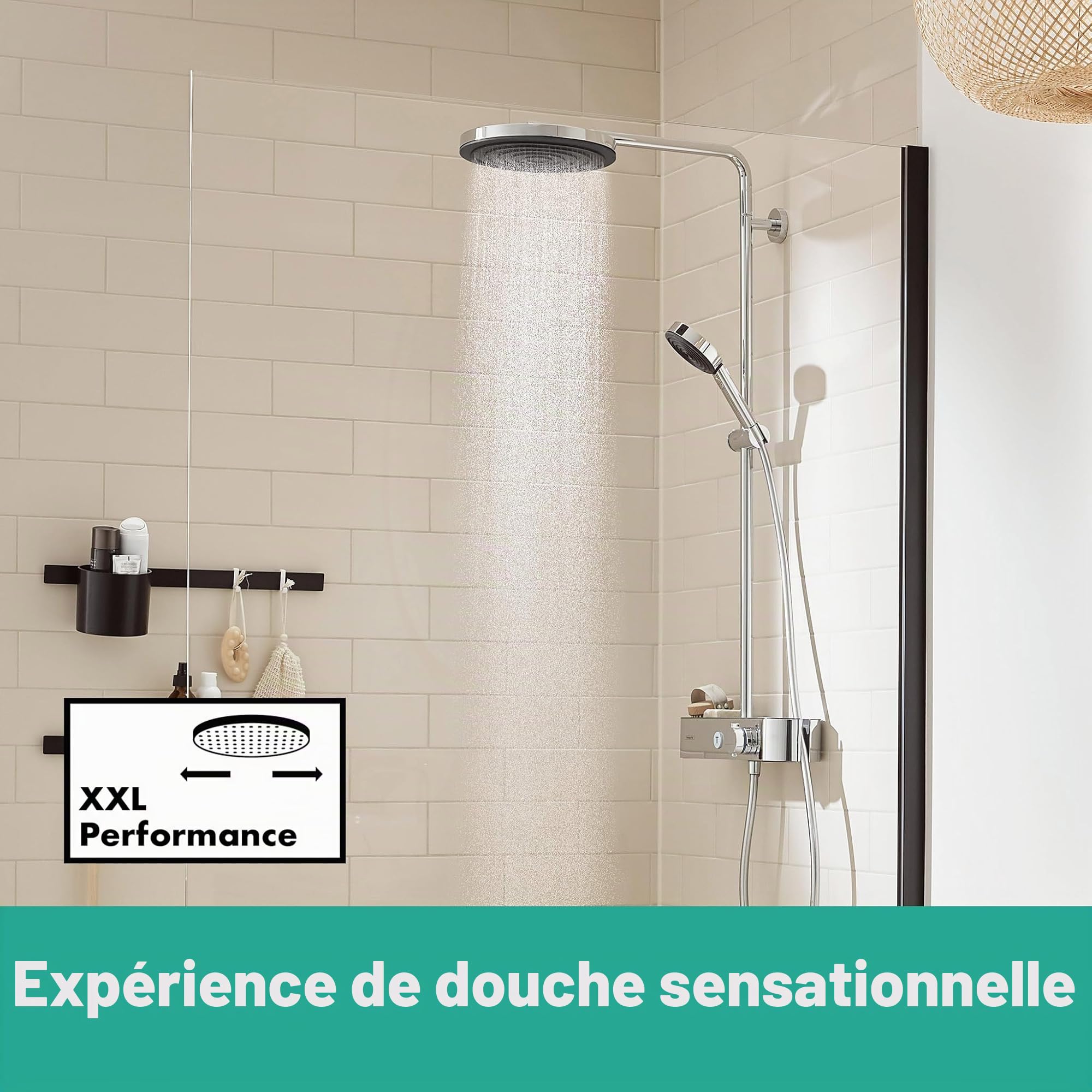 hansgrohe Pulsify S - Colonne de douche avec mitigeur thermostatique, douche pluie (⌀ 260mm) avec robinet, douchette (3 jets), support, flexible de douche, barre et douche de tête ronde, Chromé