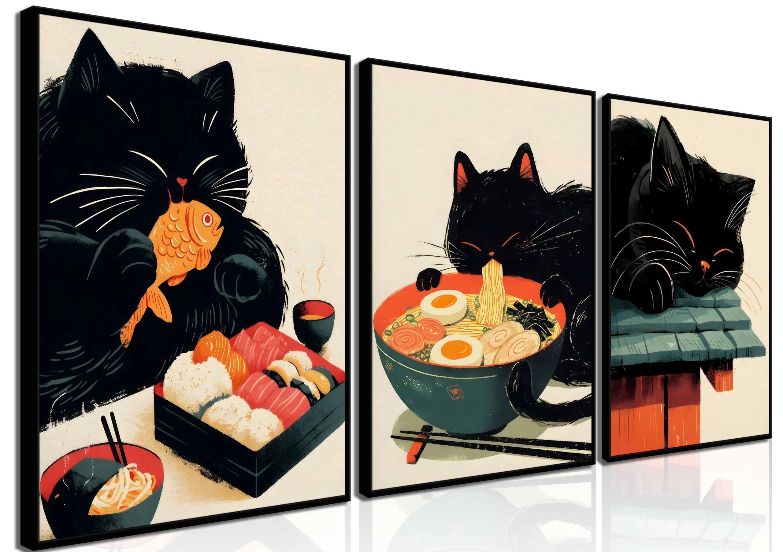 Amazon.com: 3Pcs Japanese Ramen Black Cat Wall Art Cute Animal Cats Eat ...