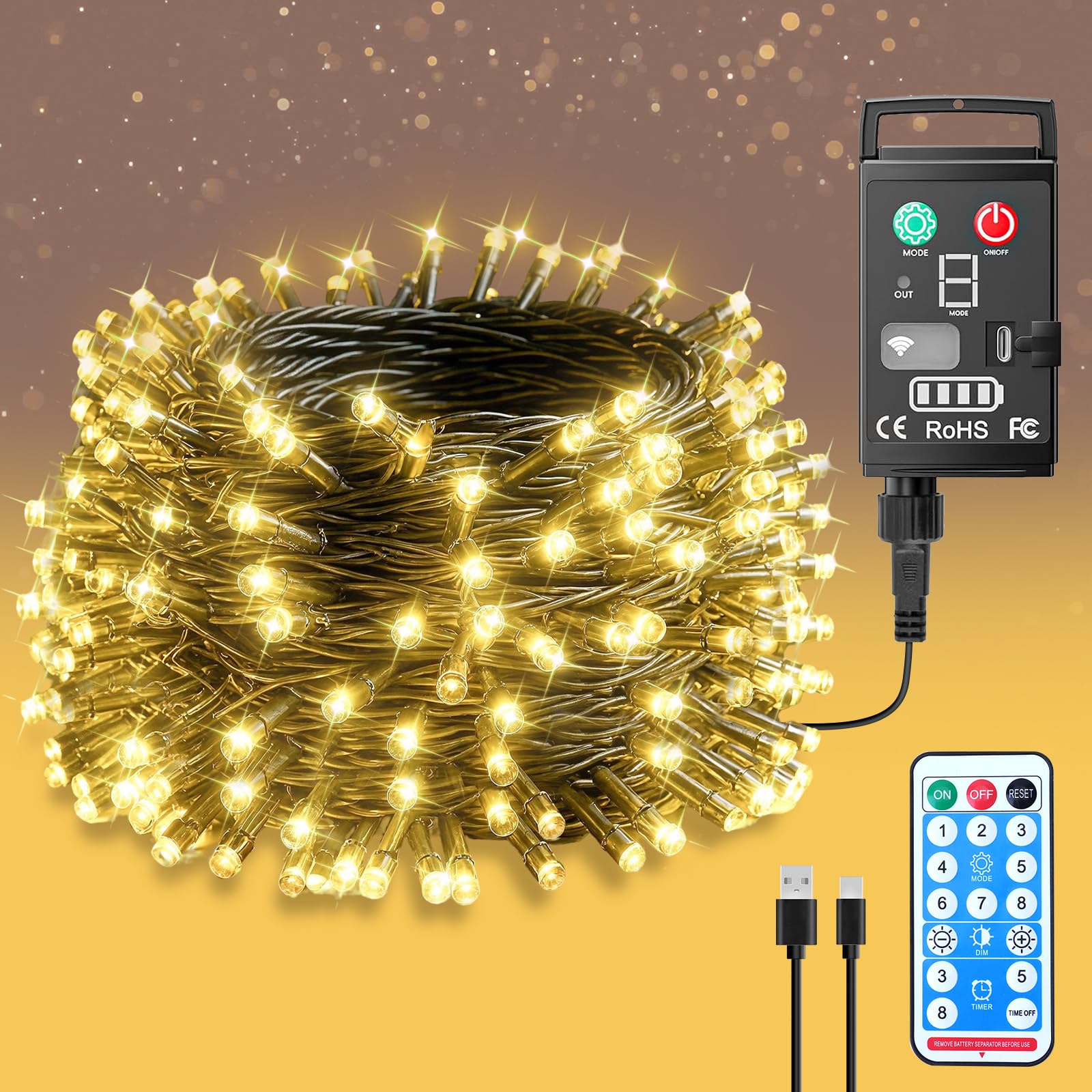Luci A Globo, 33 Piedi, 100 Luci LED A Spina, 8 Modalità Con Telecomando, Mini Luci A Globo Bianco Caldo Mns 88557239