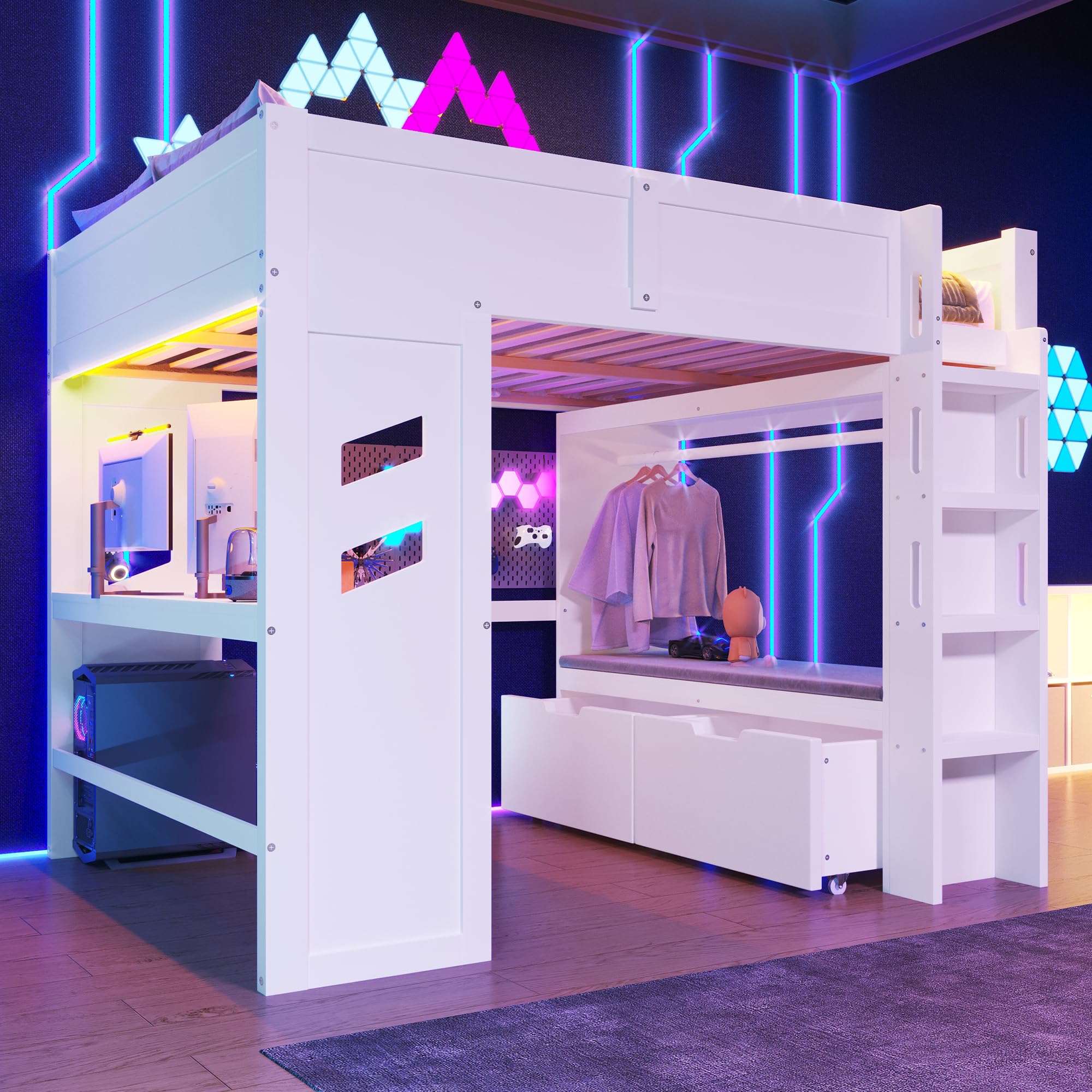 Lit Mezzanine 90x200cm – Cadre En Métal Avec Bureau, étagères, 4 Tiroirs, Prise USB + Type-C