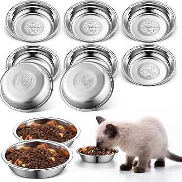 10 Pcs Stainless Steel Cat Bowls, 6.3 Inches Friendly Shallow Cat Food Bowls Replacement Fatigue Relief for Elevated Stand Metal Dishes Basic for Dishwasher Safe
