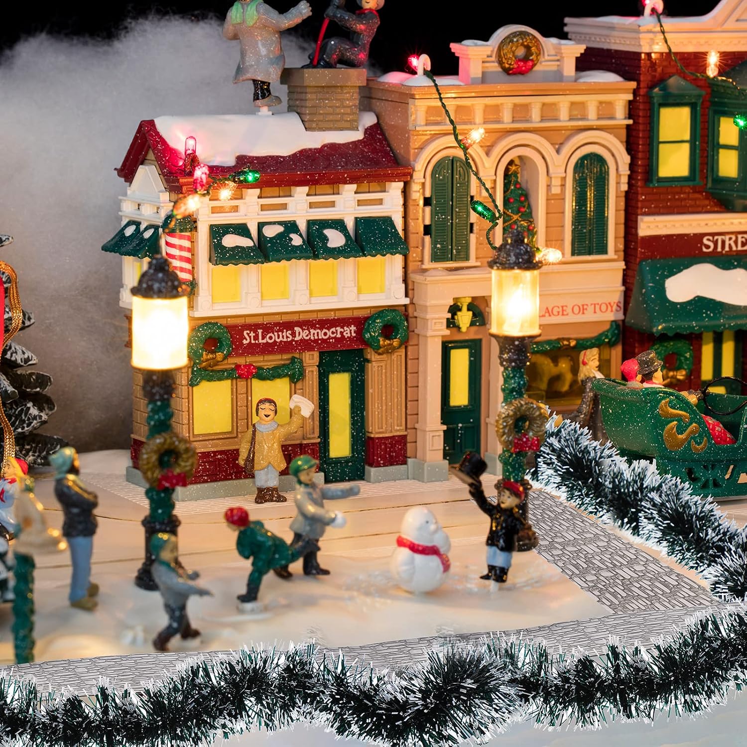 Blulu Christmas Village Street Mat Hedge Wreath Set Snow Brick Pattern